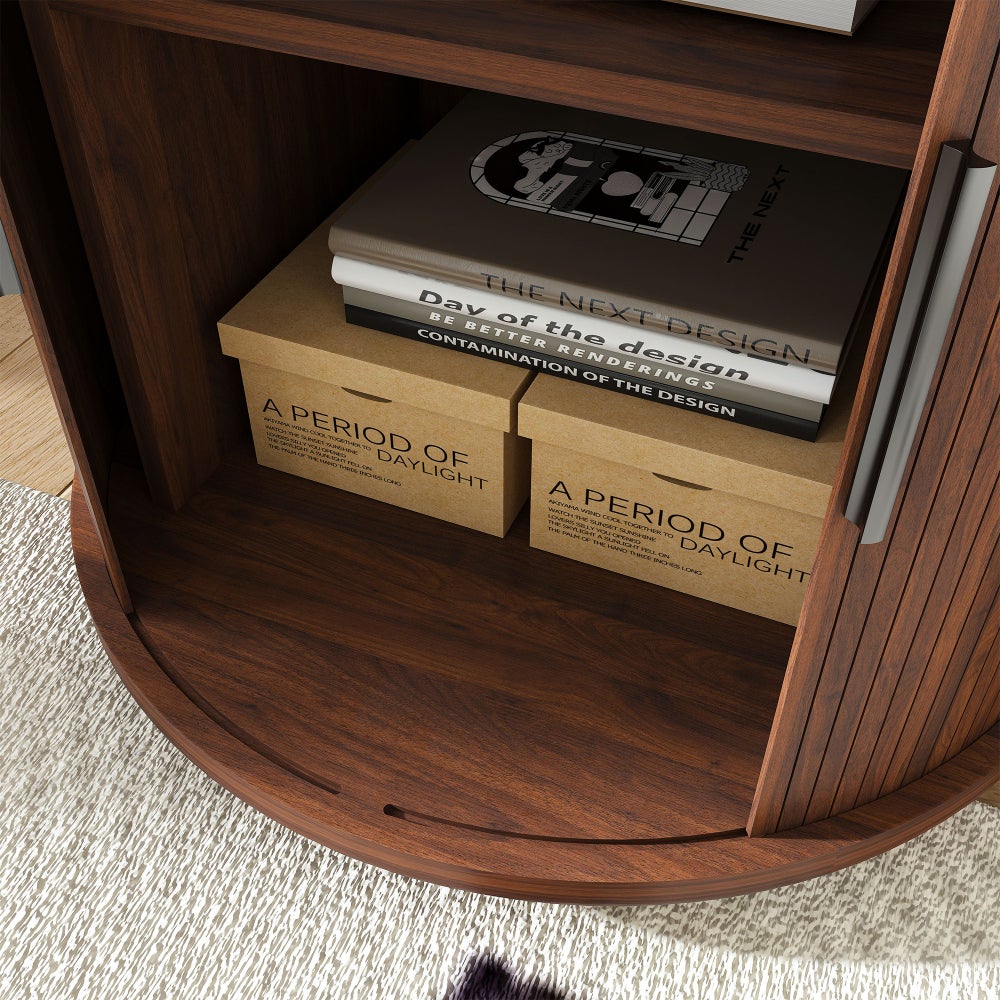 Table de Chevet Cylindrique Mid-Century avec Station de Charge (Prise + 2 USB), Porte Coulissante et Rangement - 7