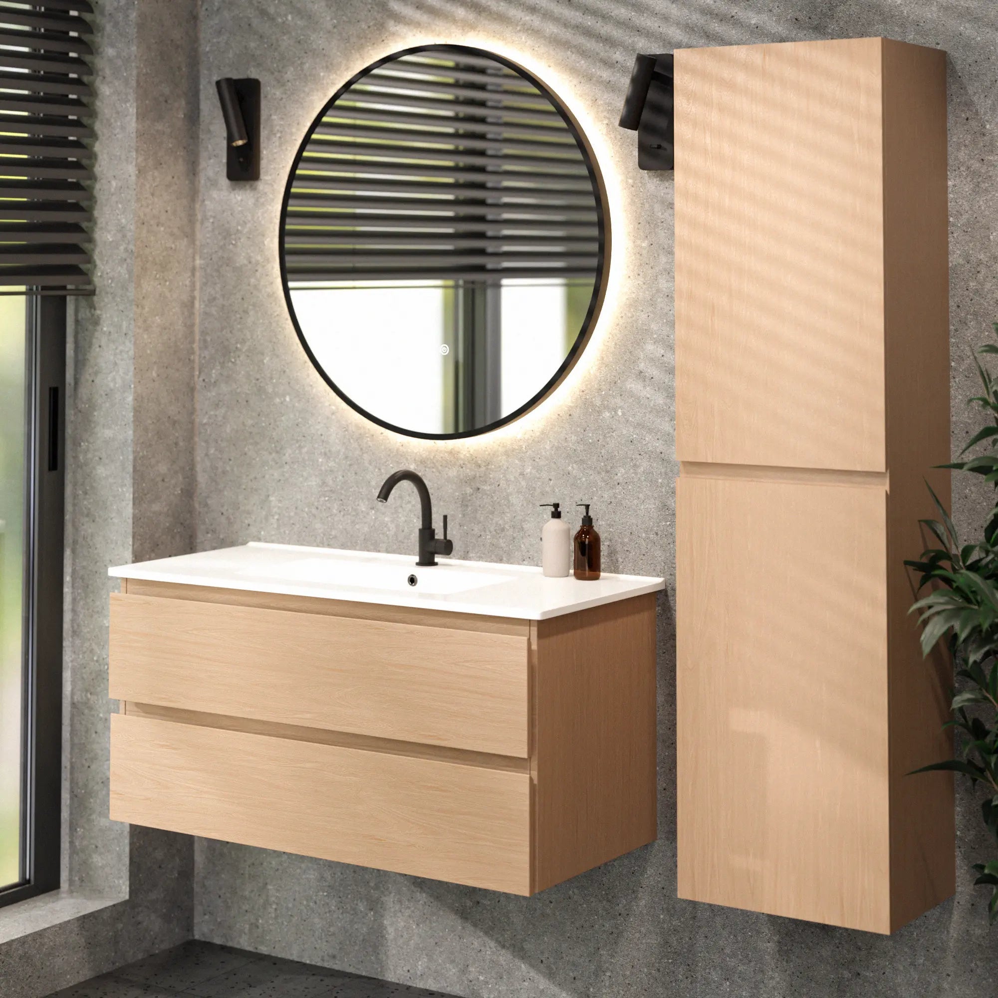 Mirlux Meuble vasque Mirlux Varo - 100 x 46 x 50 cm - Chêne clair - Vasque blanche incluse - 7