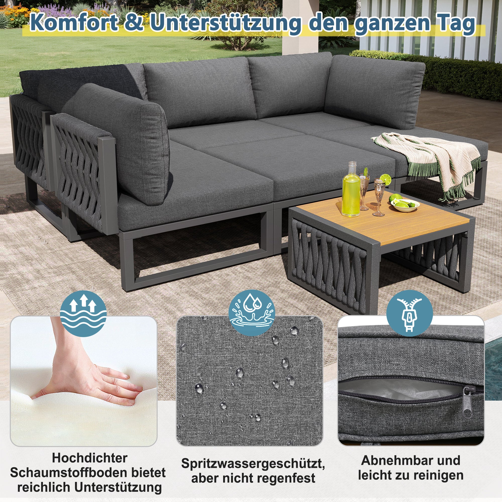 Salon de Jardin Exterieur,pour 6 personnes,Ensemble de canapé de jardin,Chaise longue double d'extérieur avec coussin,angle du dossier réglable,Gris - 4