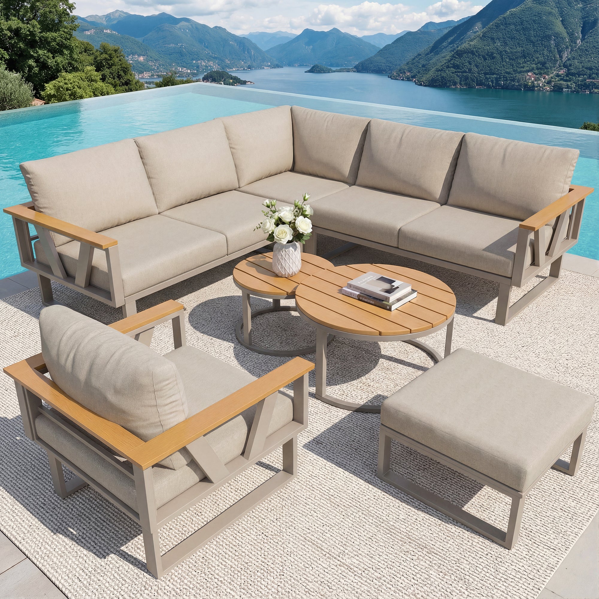 Salon de jardin modulable en fer 6 places : 1 canapé 3 places + 1 canapé 2 places + 1 fauteuil + 1 tabouret + tables basses gigognes - Beige - 2