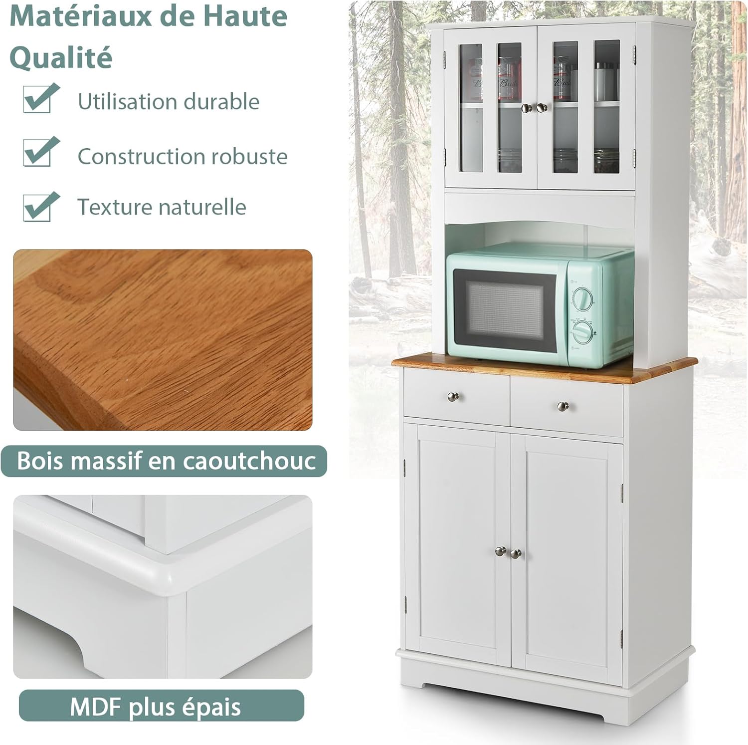 Mobile dispensa da cucina autoportante, Buffet con Piano in Legno, Credenza e 2 Cassetti, Ripiani Regolabili, Armadietto con Ante in Vetro, Sp - 4