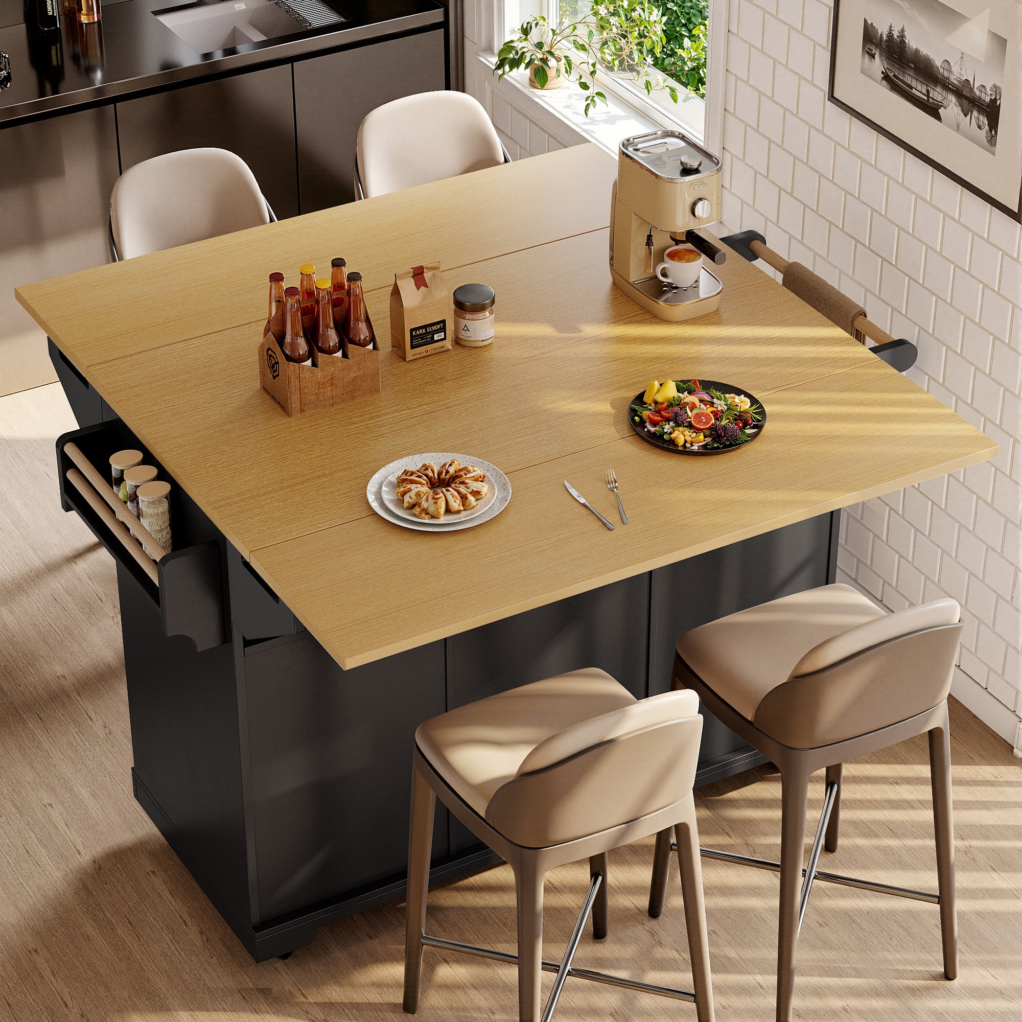 Îlot central de cuisine mobile avec 2 portes et 3 tiroirs - 120 x 40/80 x 95 cm - Plateau extensible - MDF et métal - Noir - 2
