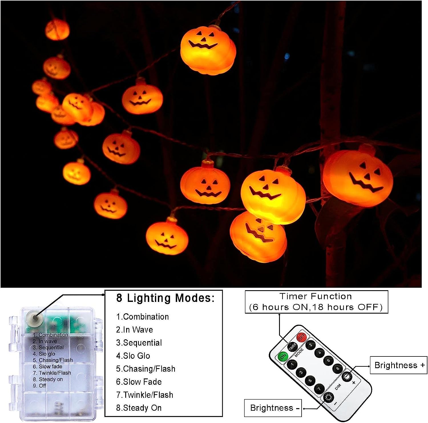 Luzes de corda de abóbora de Halloween, 30 LED 3M 8 modos 3D Jack-O-Lantern Luzes decorativas cintilantes operadas por bateria para áreas externas - 2