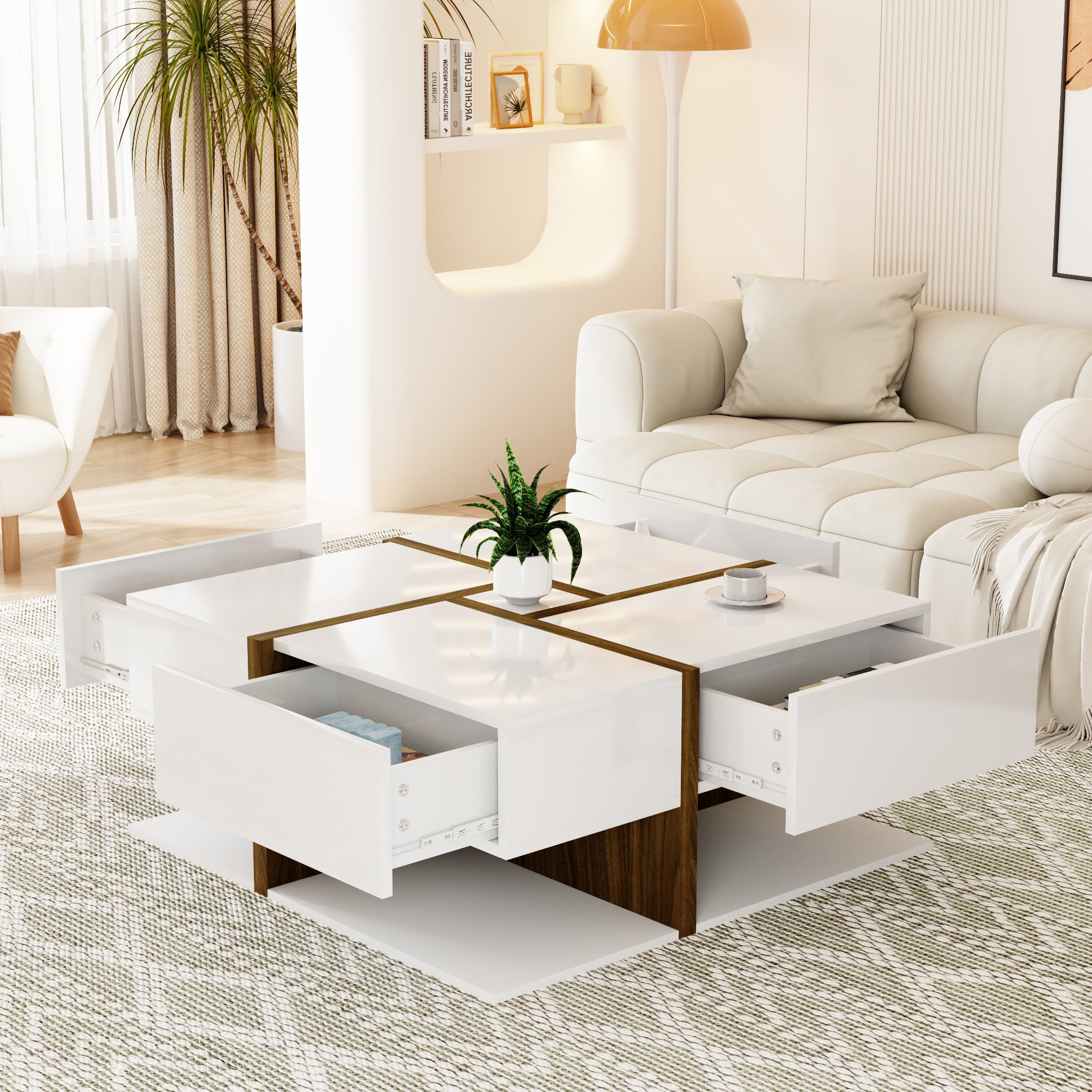 Table Basse Laquée avec Espace de Rangement Inférieur, Design Moderne à Lignes Bois, en Panneau de Particules Blanc et Couleur Bois 78×78×34,8 cm - 3