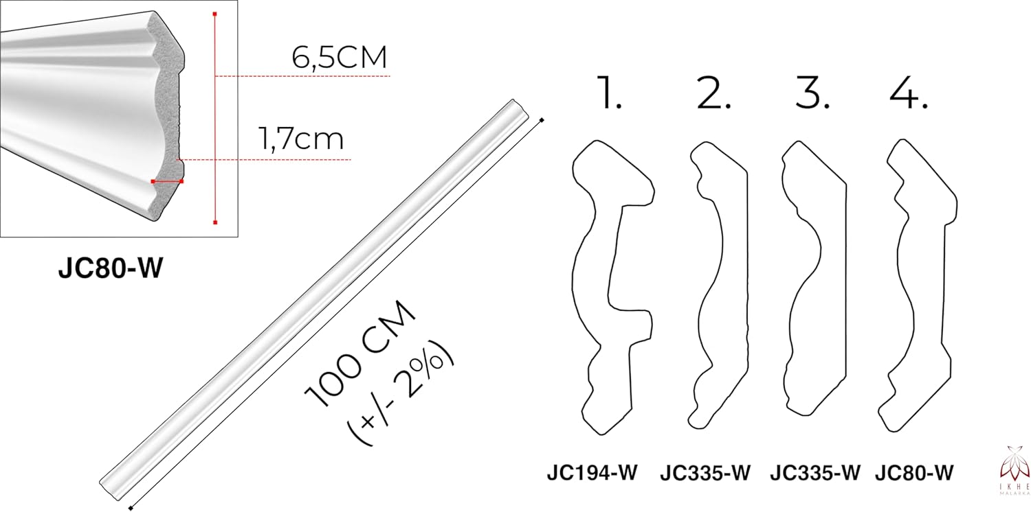 Cornisas 100 cm – molduras decorativas para pared y techo en PS, ligeras, resistentes, pintables, fácil instalación JC80-W - 2