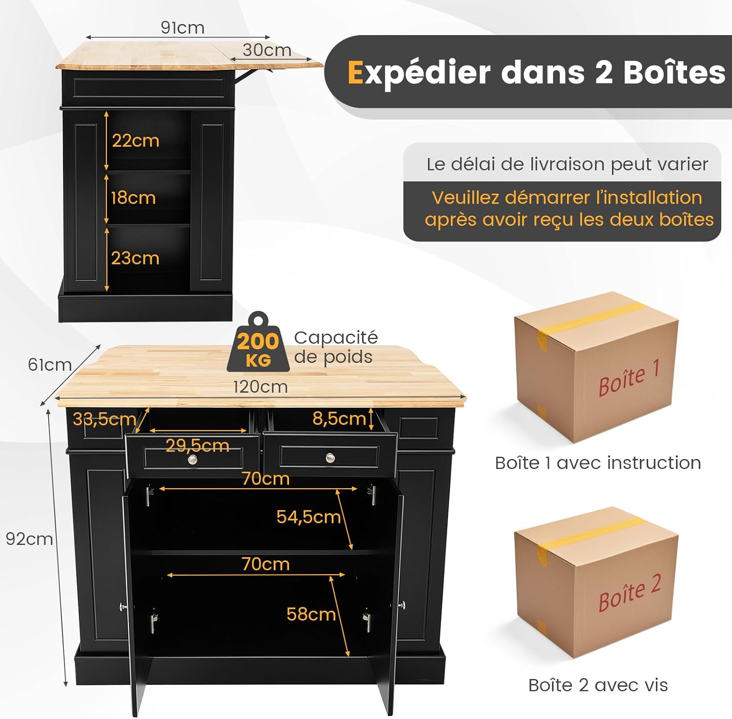 Ilot Central Cuisine Comptoir en Bois d'Hévéa Pliable, Étagères Réglables , 61 x 120 x 92 cm, Noir - 3