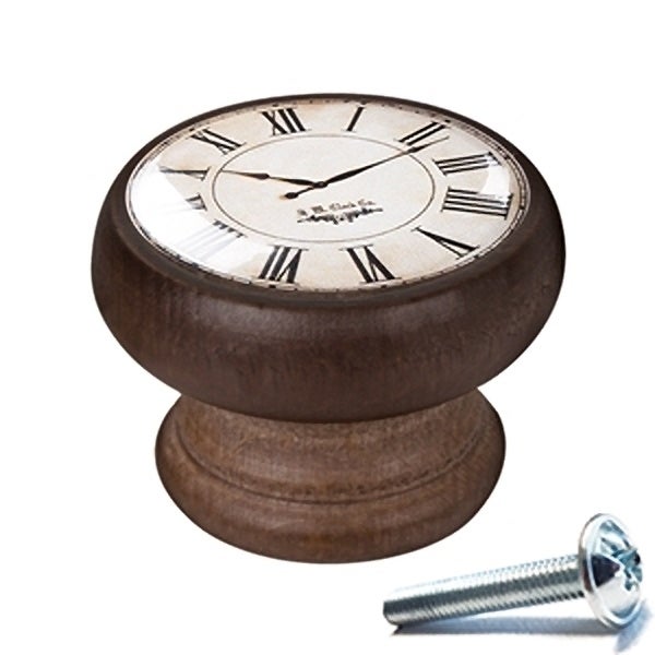 6 Un. bouton poignées de meuble Vintage Retro bois colorant noyer horloge blanc - diamètre 40MM - 2