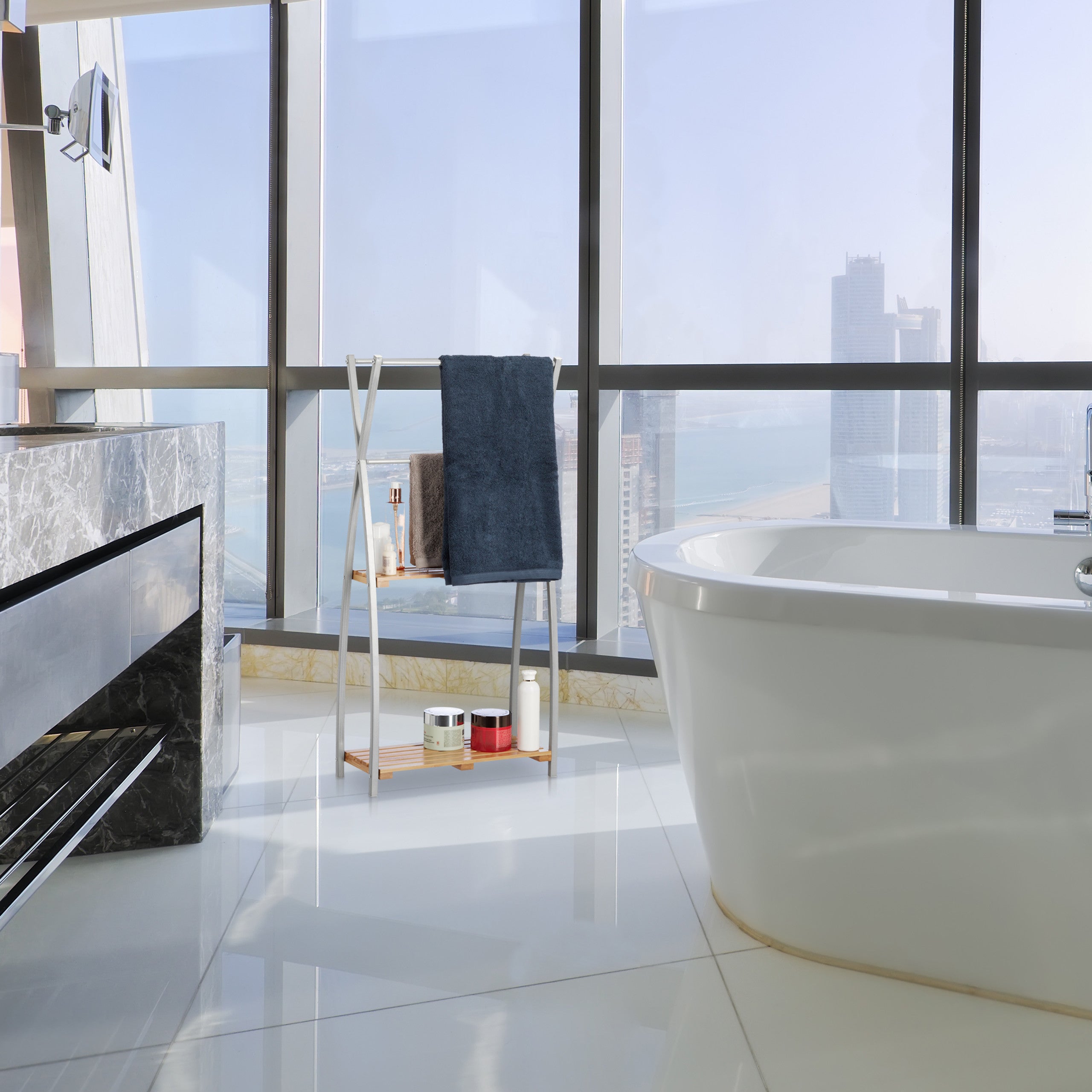 Porte-Serviettes Sur Pied Design X 2 Étagères Support Serviettes de Bain SDB 93x46x20cm, Bambou+Acier, Nature, Relaxdays - 2