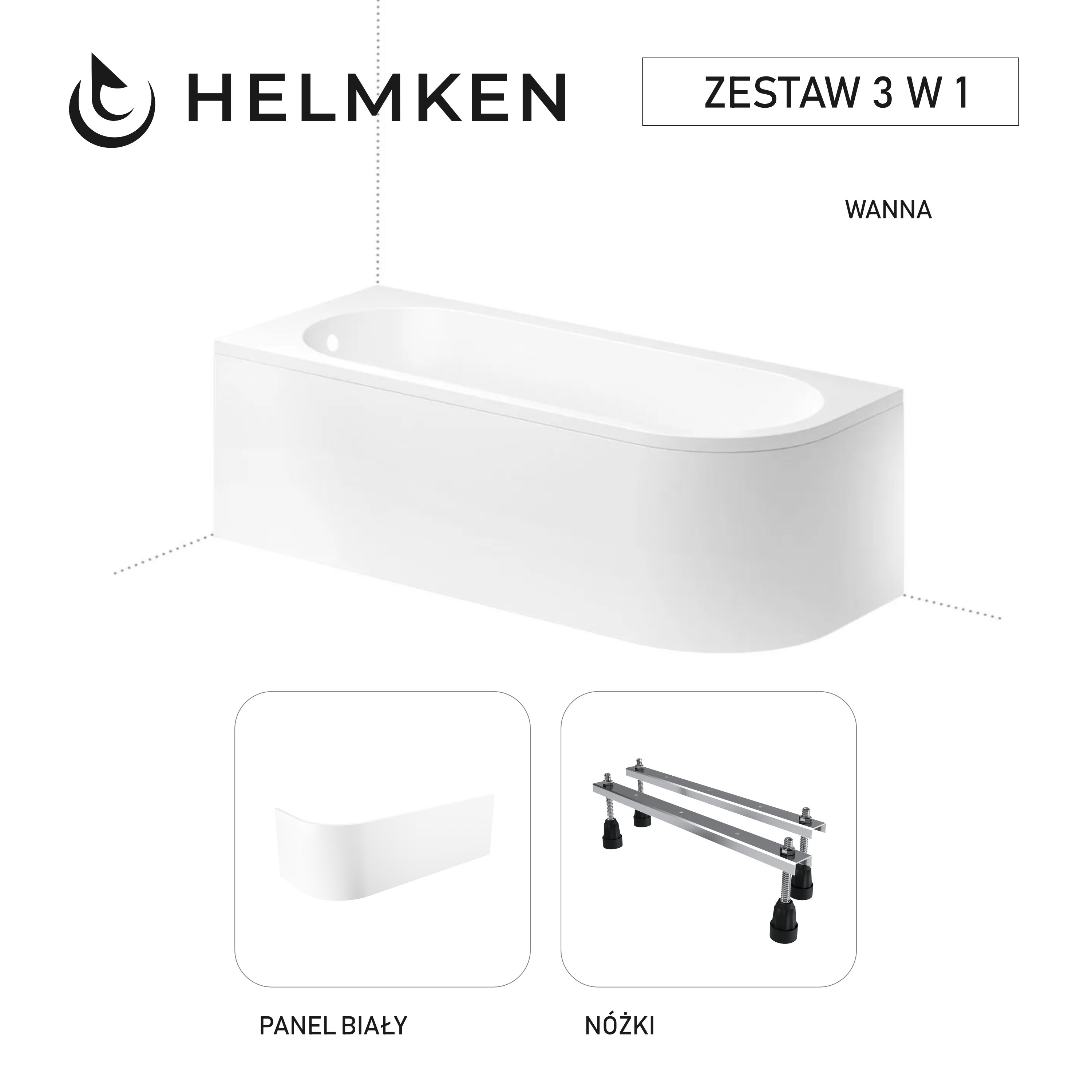 Wanna akrylowa narożna LEWA 170x72 Helmken Monaco ze wzmocnionym korpusem + Panel biały + Nóżki / 3713170LZ