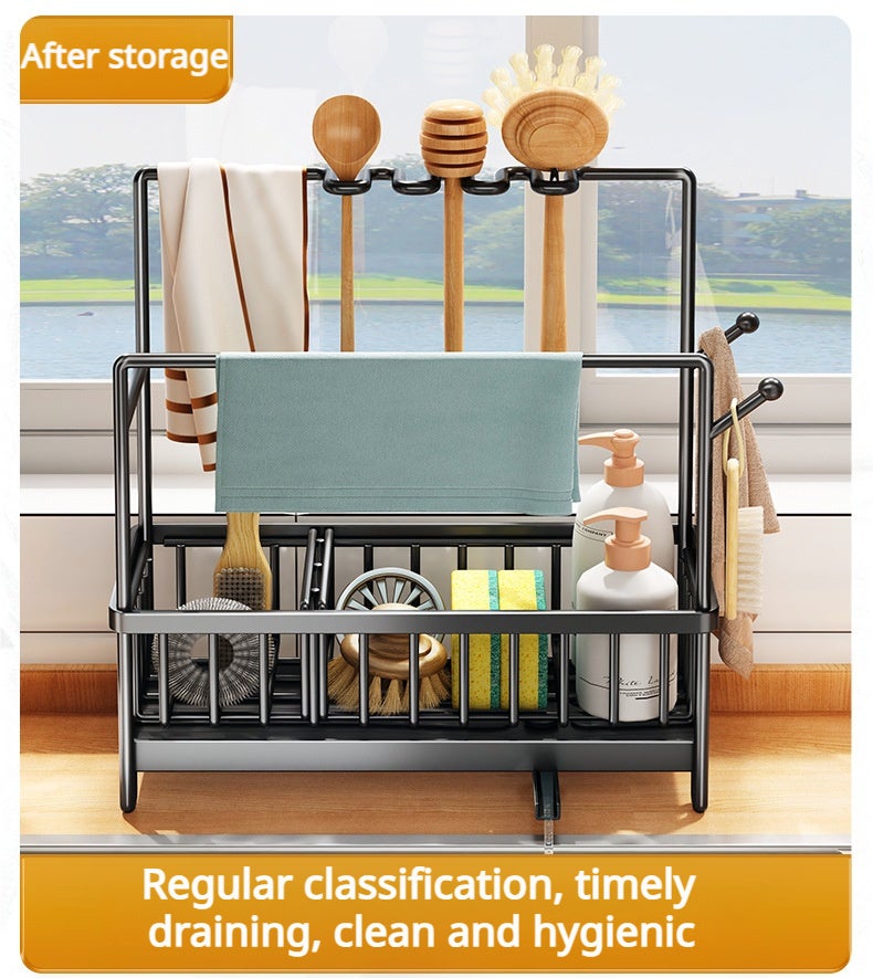 Organizador de fregadero, organizador de cocina de acero inoxidable con bandeja de drenaje extraíble, divisores extraíbles,colgador de paños de cocina - 9