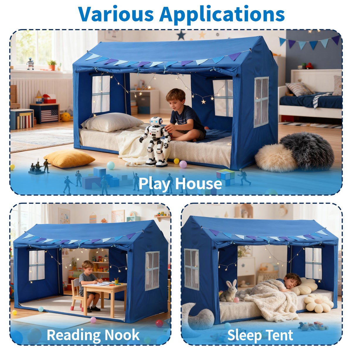 Tente pour lit enfant, cabane princesse avec lumières étoilées, espace privé respirant, tente lecture pour garçons et filles, bleu - 6