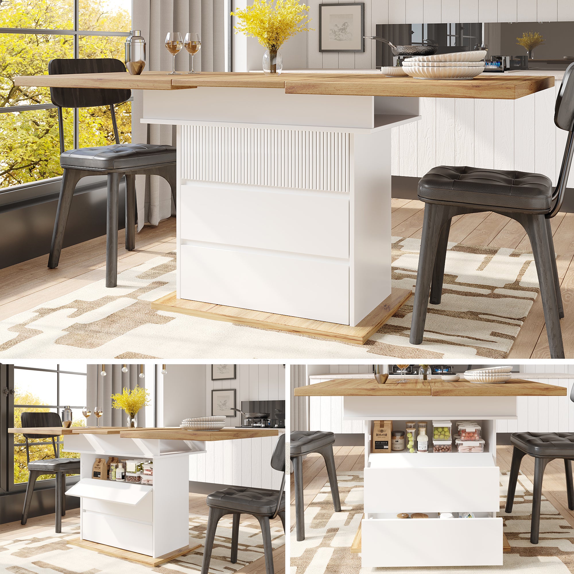 Rozkładany stół jadalny dla 4-6 osób z 1 drzwiami, 2 szufladami - 110/140 x 80 x 75 cm - MDF - Biały + naturalny