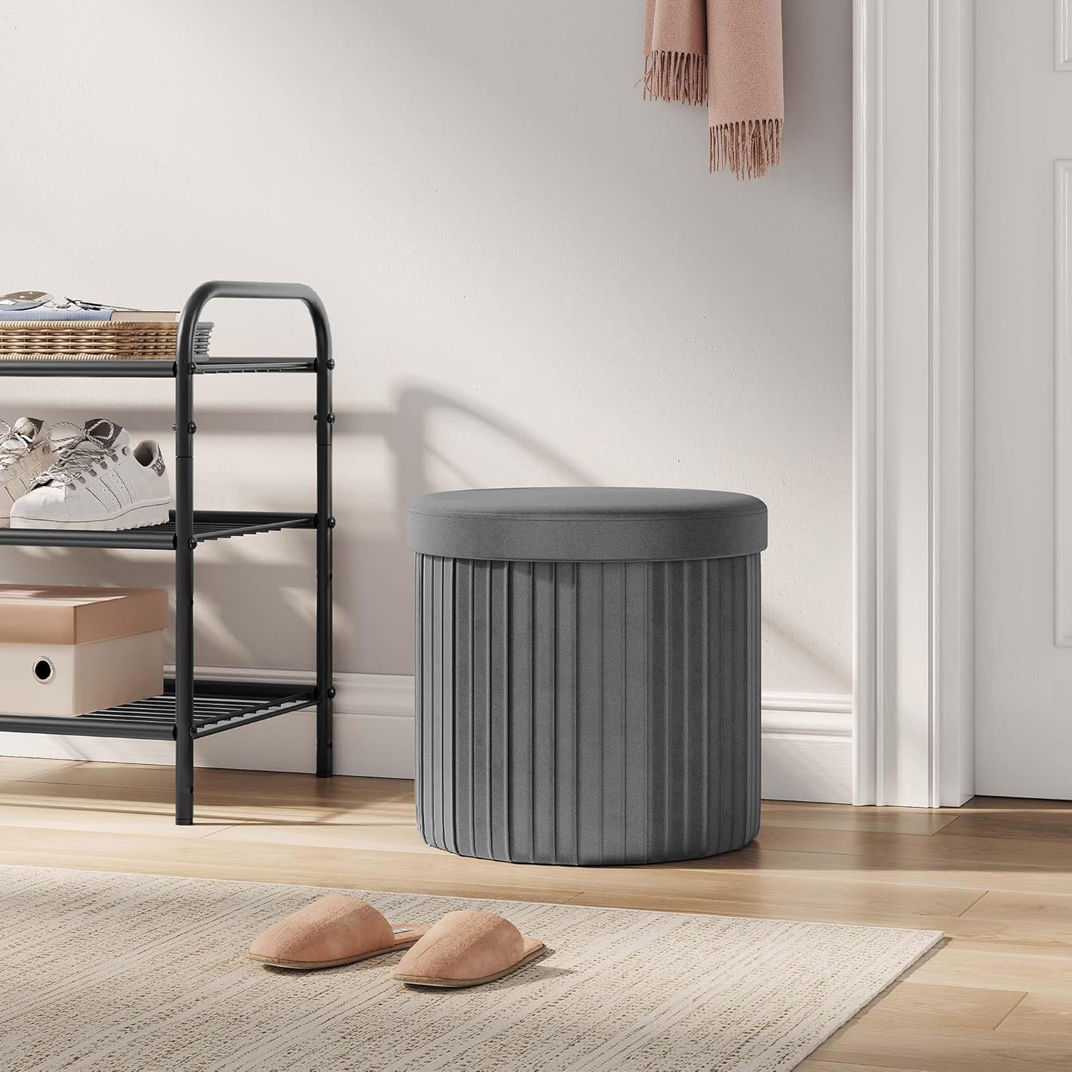 Tabouret Pouf Coffre Rangement WOLTU - Assise Lin, Pieds Bois Massif | Gris 32x36cm