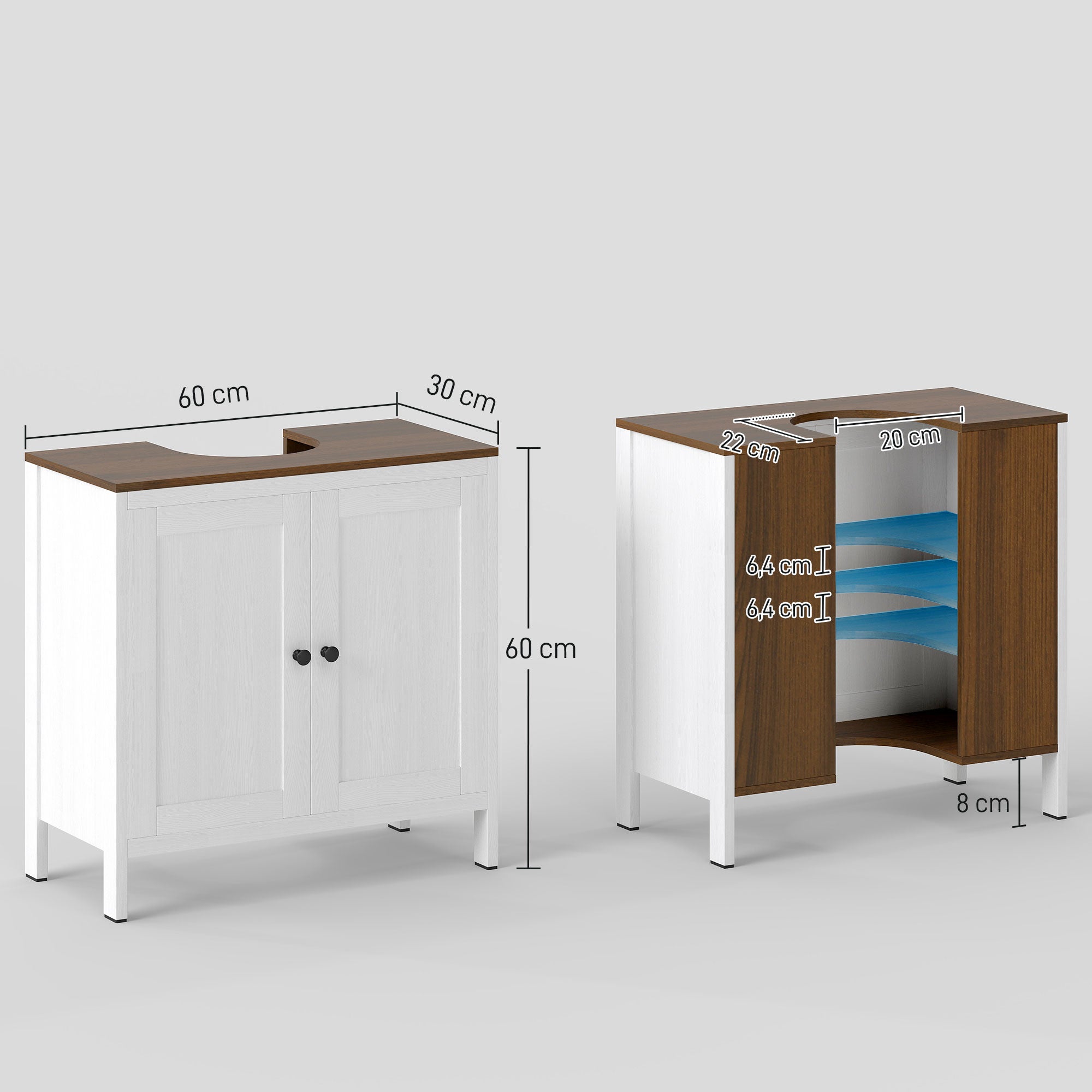 Meuble sous lavabo meuble de salle de bain 2 portes avec étagère 60 x 30 x 60 cm blanc et aspect bois - 5
