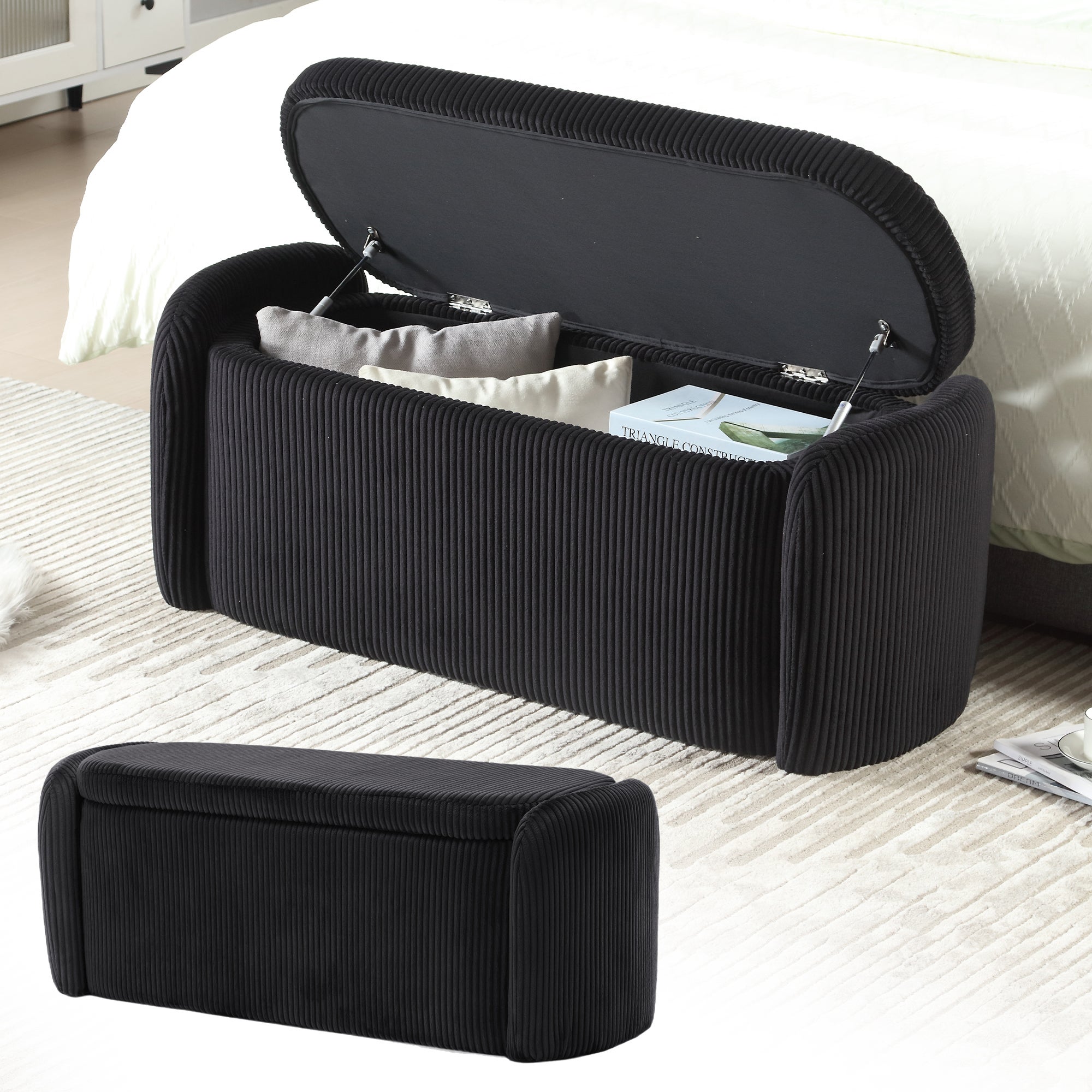 Banc De Rangement En Velours Beige Style Art Déco – Avec Coffre, 2 Places