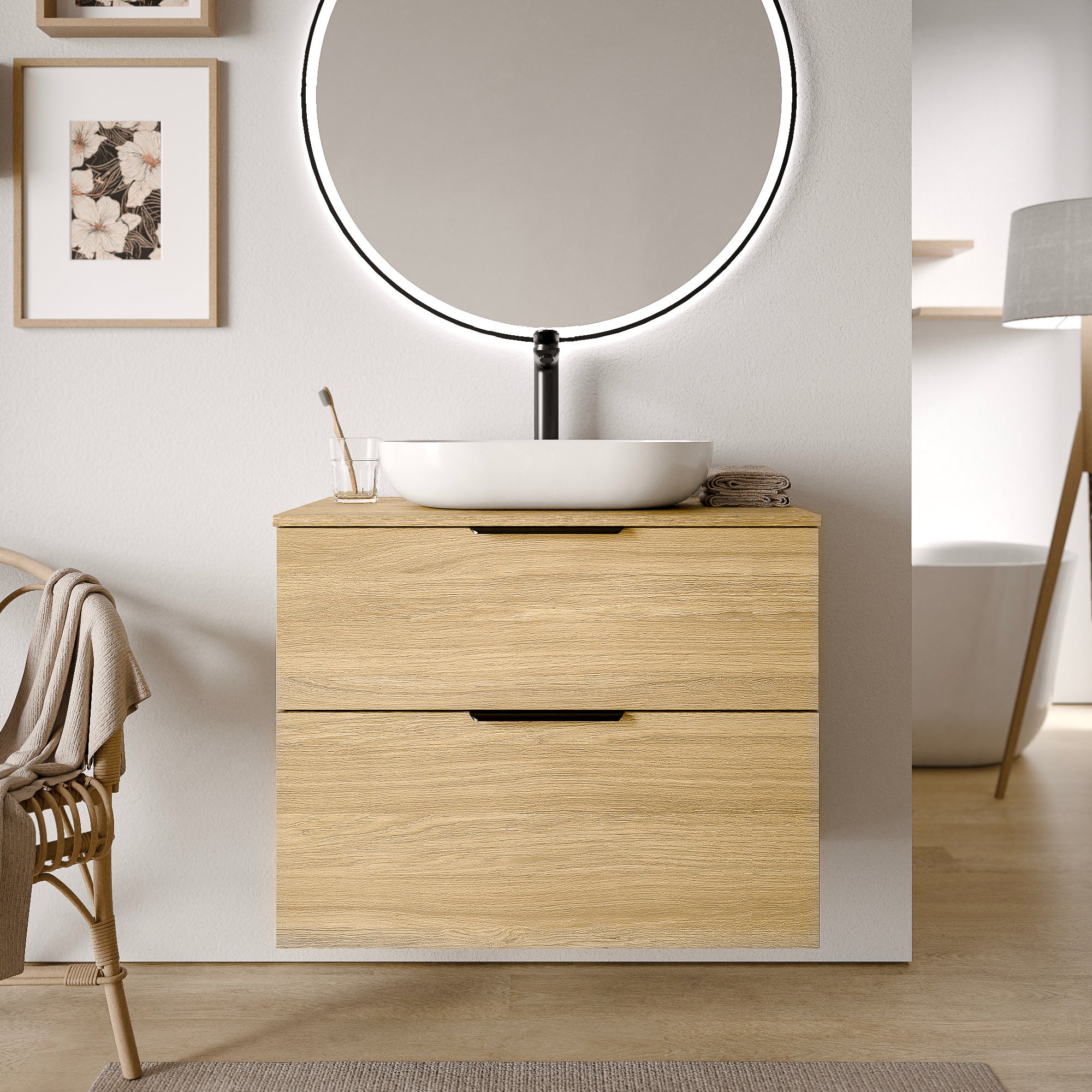Bernstein - mueble lavabo suspendido mdf roble gris 80x46x62cm 2 cajones, encimera de lavabo blanco brillo + tirador cromado - tim80