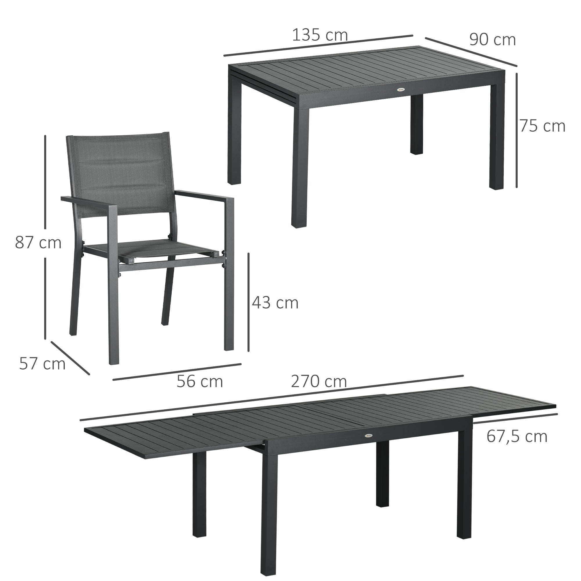 Conjunto de Refeição Outsunny Cinza Escuro/Cinza de carvão Textilene e Alumínio 135-270x89x74cm - 3