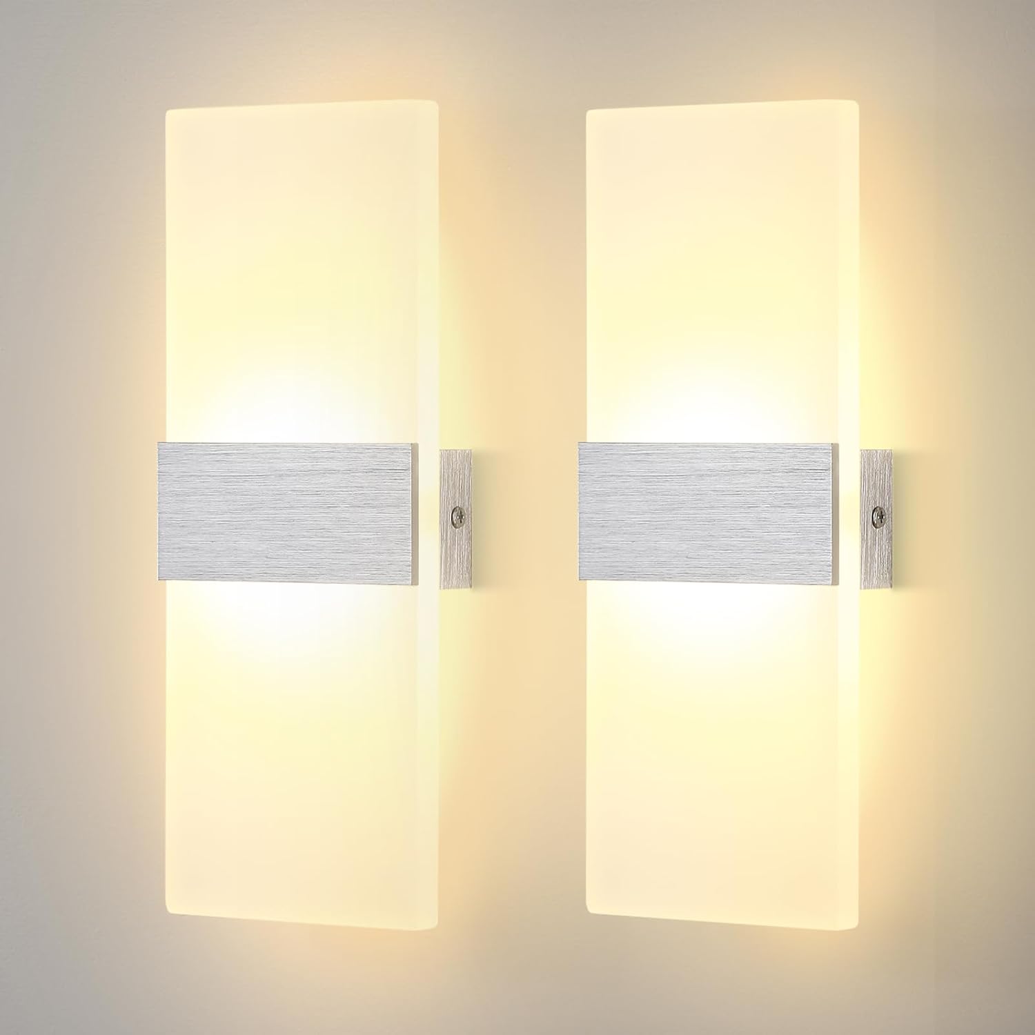 Zestaw 2 akrylowych lamp ściennych LED 6W do wnętrz, nowoczesne oświetlenie w górę i w dół do sypialni i salonu, ciepłe białe światło