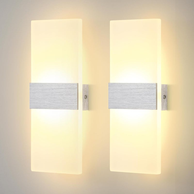 Zestaw 2 akrylowych lamp ściennych LED 6W do wnętrz, nowoczesne oświetlenie w górę i w dół do sypialni i salonu, ciepłe białe światło