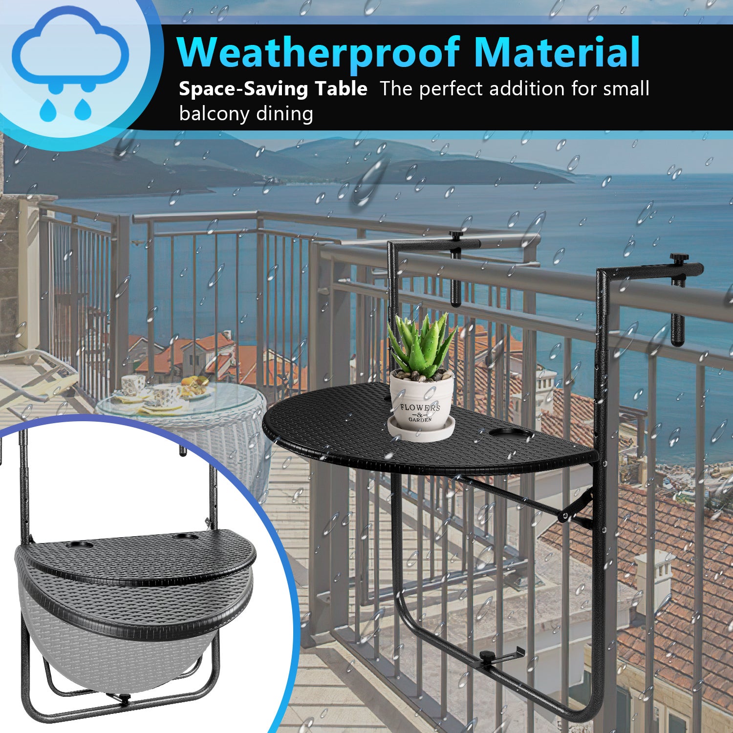 Table de Balcon Suspendue Petite Table Murale Rabattable 60 x 40 cm, Noir - 5