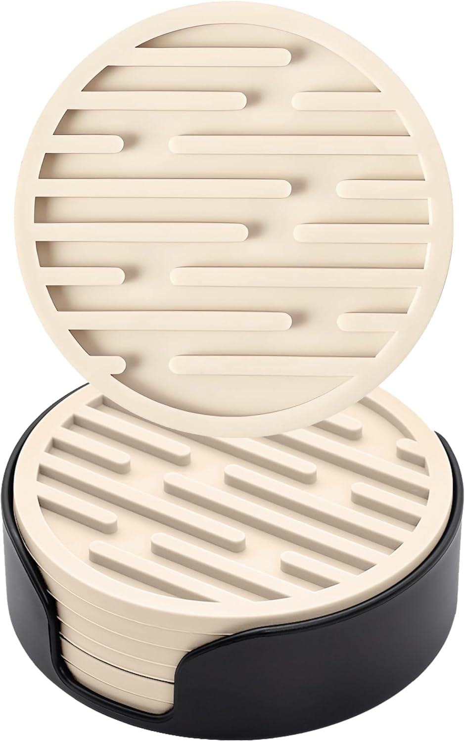 Zestaw 6 silikonowych podstawek o średnicy 10 cm (beżowe) z uchwytami, okrągłe, antypoślizgowe, odpowiednie do kubków, podstawek pod napoje