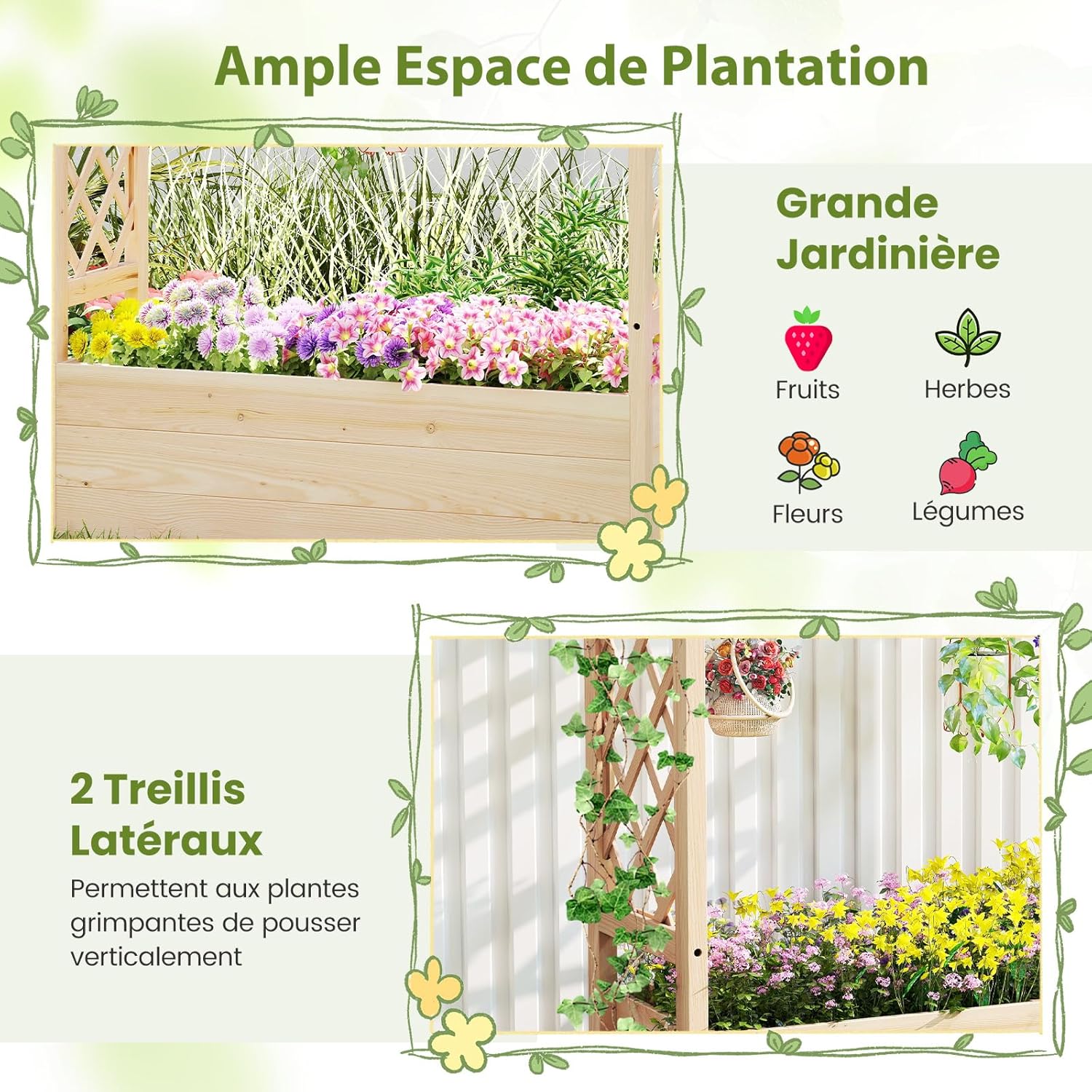 Jardinière Surélevée avec Treillis en Bois Massif, Toit Suspendu pour Vigne, pour Légumes, Fruits, Fleurs, Extérieur/Intérieur (115x40x103cm) - 5