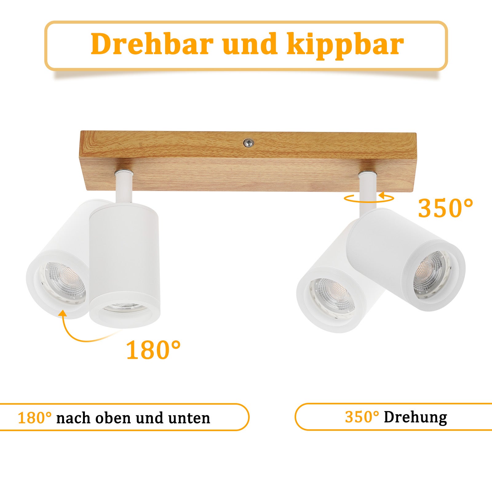 NETTLIFE Foco de techo blanco GU10 Foco de pared de madera vintage giratorio sin bombilla orientable 350° industrial - 2