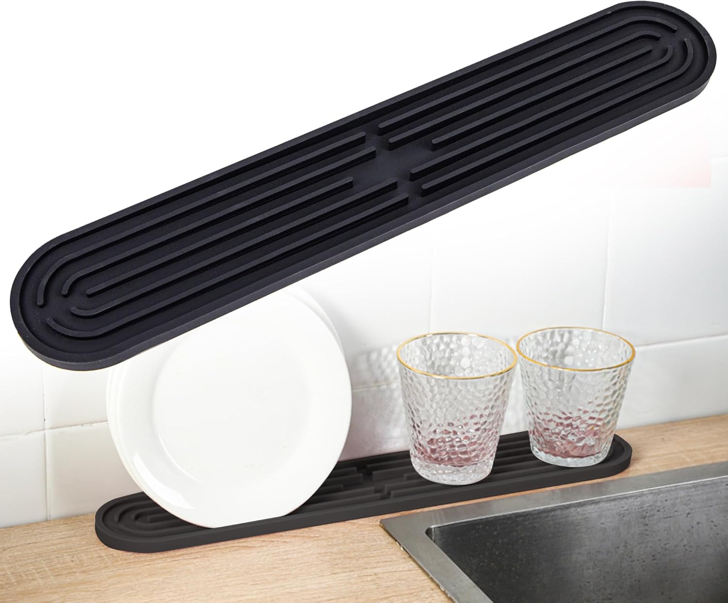 Wąska mata do ociekania naczyń, antypoślizgowa mata do suszenia naczyń, kubków, butelek, desek do krojenia, organizer do zlewu, 43 x 7,5 x 1 cm, czarn