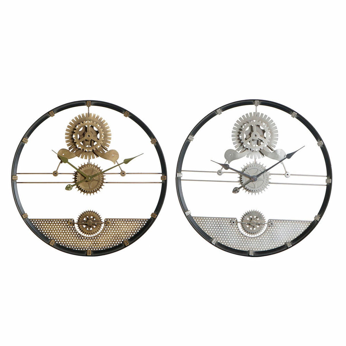 Reloj de pared dkd home decor plateado dorado hierro engranajes (2 pcs) (60 x 5 x 60 cm)