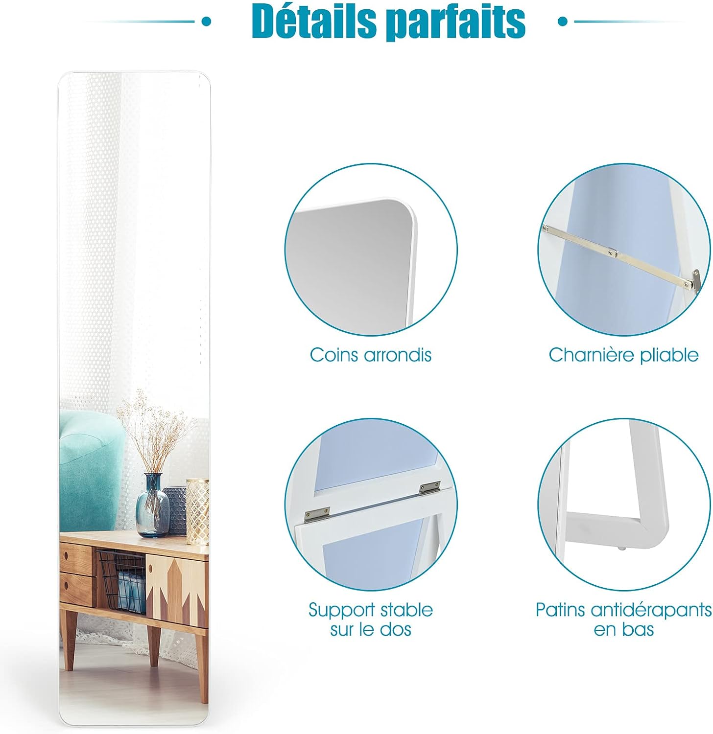 2 in 1 Specchio da Terra, Grande Specchio Autoportante a Figura Intera 160 x 37 cm, per Camera da Letto, Soggiorno - 6