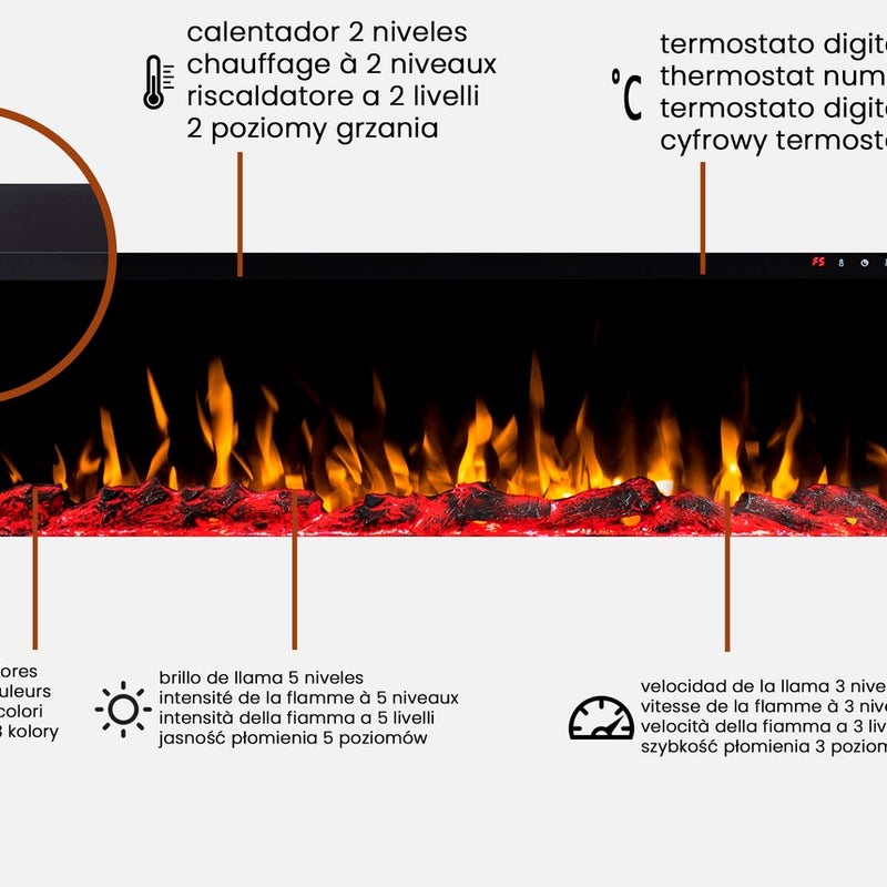 Kominek elektryczny AFLAMO Diamond 128 - ogień premium - do zabudowy - 127x45x17 cm - dekoracyjny kominek LED z grzaniem 750/1500 W