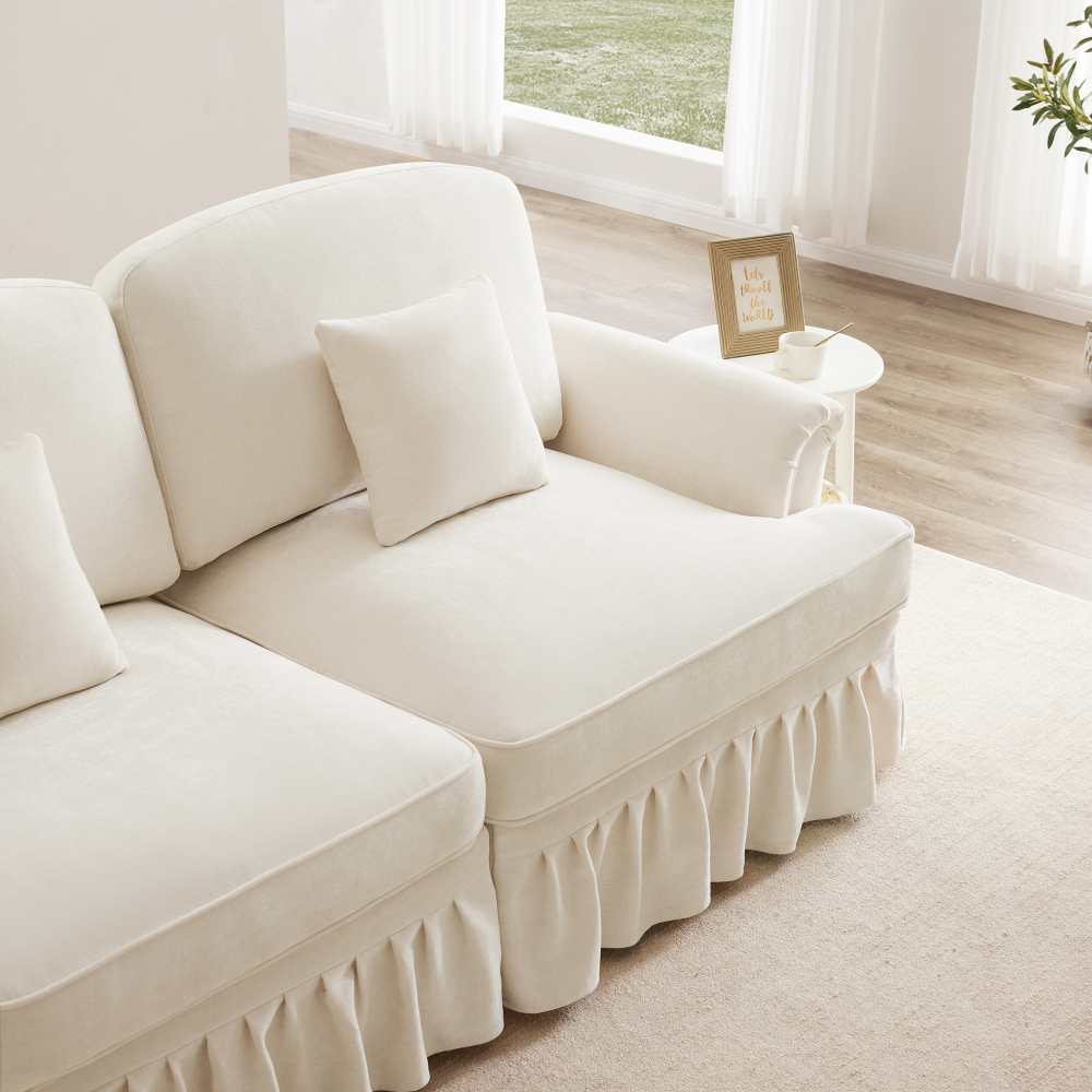 Divano modulare U 4 posti in chenille morbida con gonna removibile, braccioli a trombetta, gambe a spillo e pouf mobile –divano trasformabile 2 design - 7