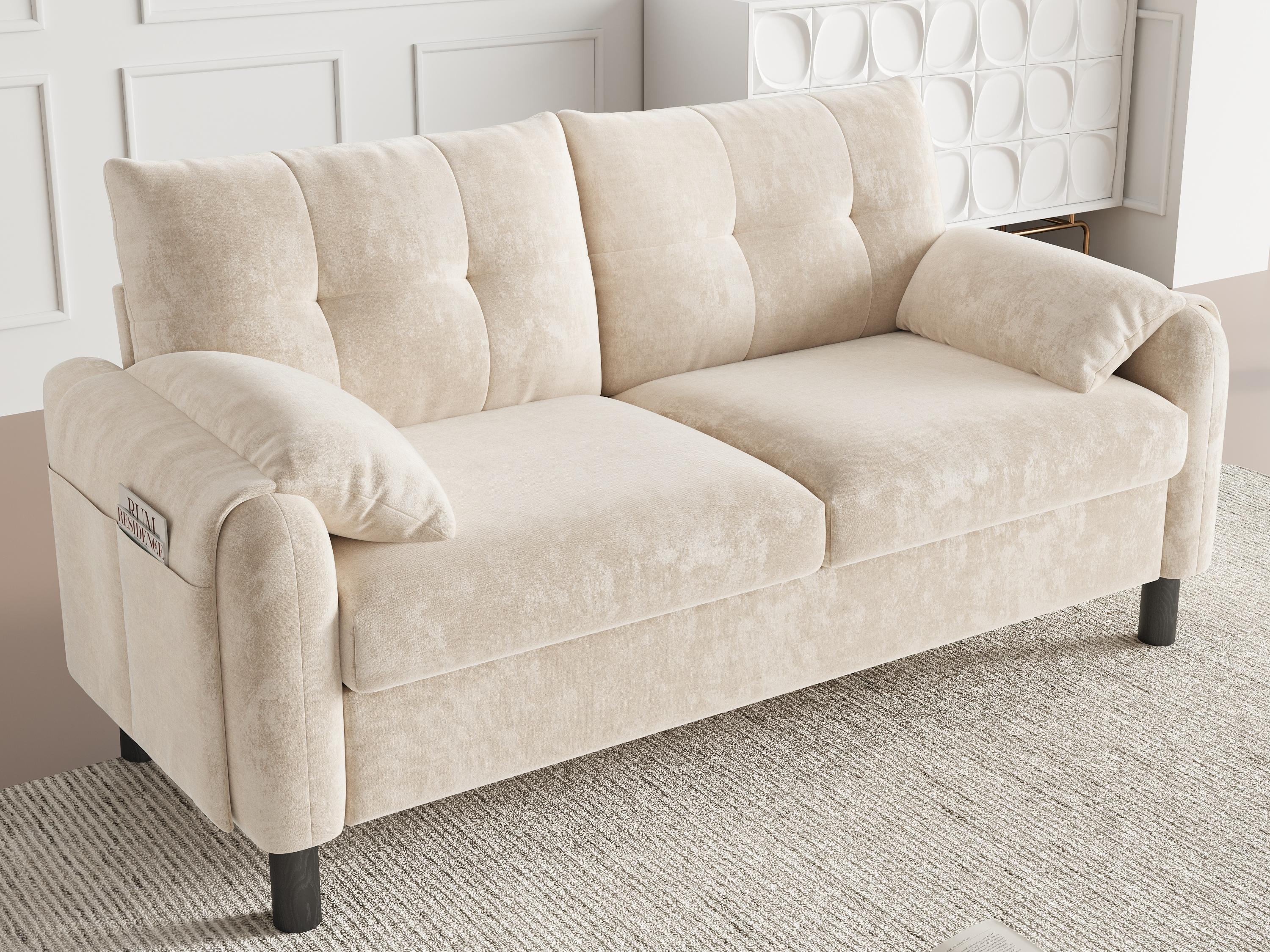 Nowoczesna sofa 2-osobowa 158x80x88,5 cm - z grubymi poduszkami - tkanina Chenille - beżowa