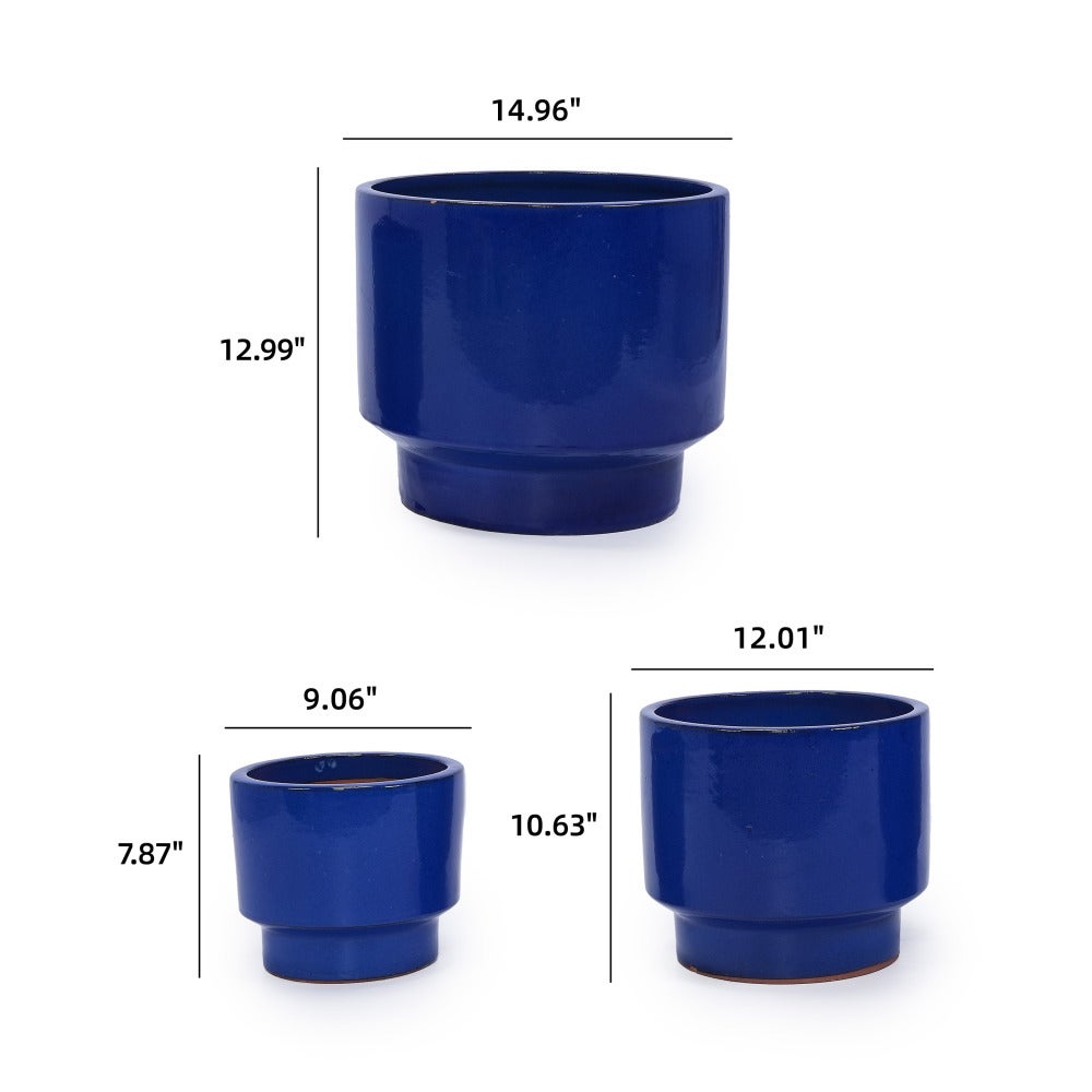 Macetas cerámica set 3, drenaje integrado, azul-verde brillante, resistentes interior/exterior Ø38/30/23 cm - 3