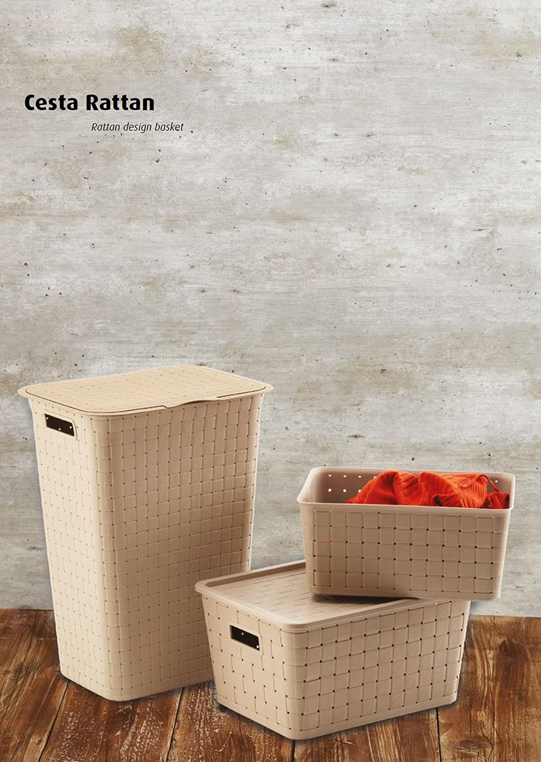 King Home CESTA RATTAN 20 LT color tortora 43x32,5x23h cm con maniglie laterali - 3