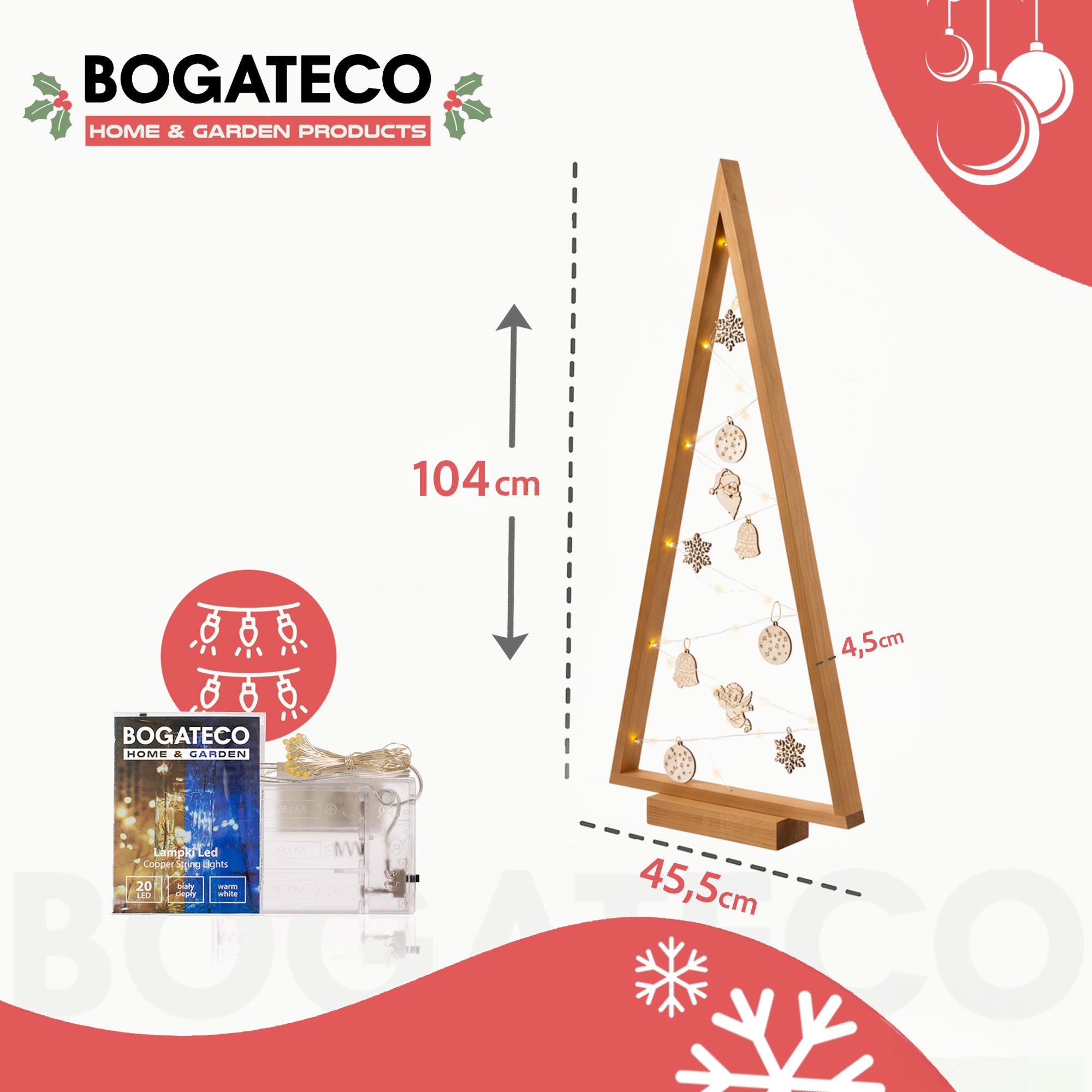 BOGATECO Sapin de Noël en bois avec LED 104 cm de haut | Décoration en bois incluse | Décorations de Noël | 100 LED | - 2
