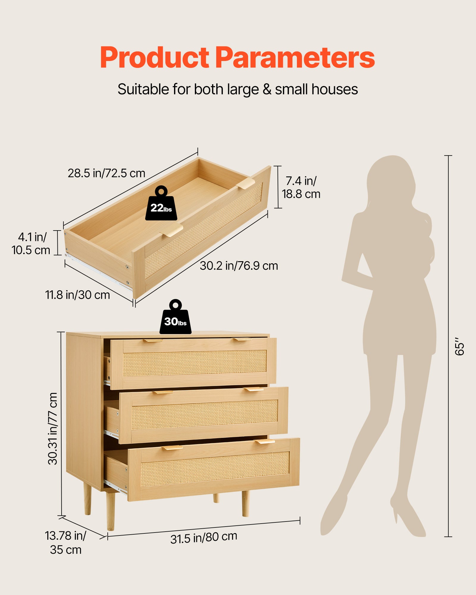 Commode VEVOR 3 tiroirs, meuble rangement avec poignées en métal et pieds, organisateur vêtements et rangement bohème, armoire pour chambre à coucher - 3