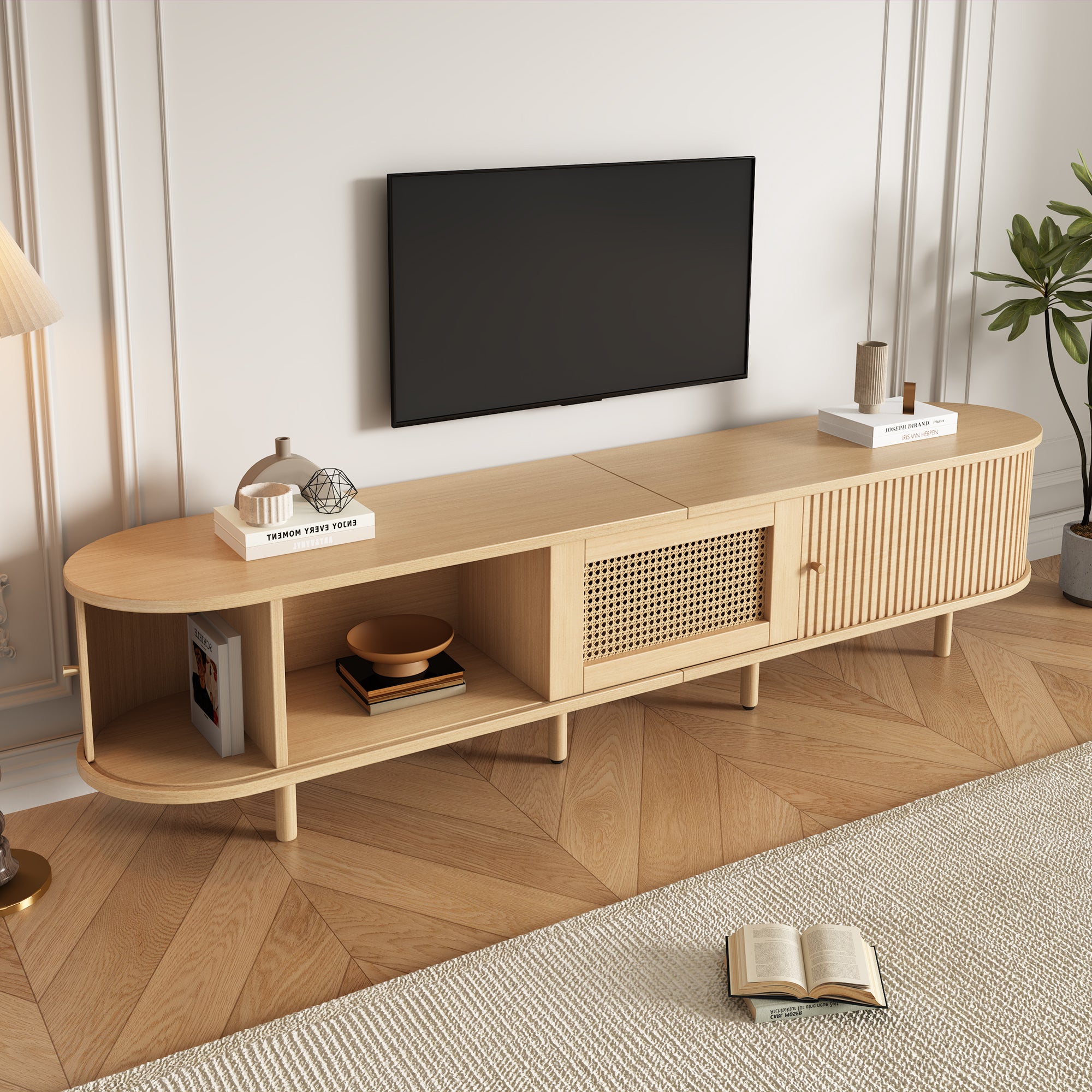 Stolik pod telewizor z 2 drzwiami przesuwnymi, 1 szufladą z efektem rattanu i regulowanymi nóżkami - MDF - 180 x 40 x 40 cm - Jasne drewno - 5