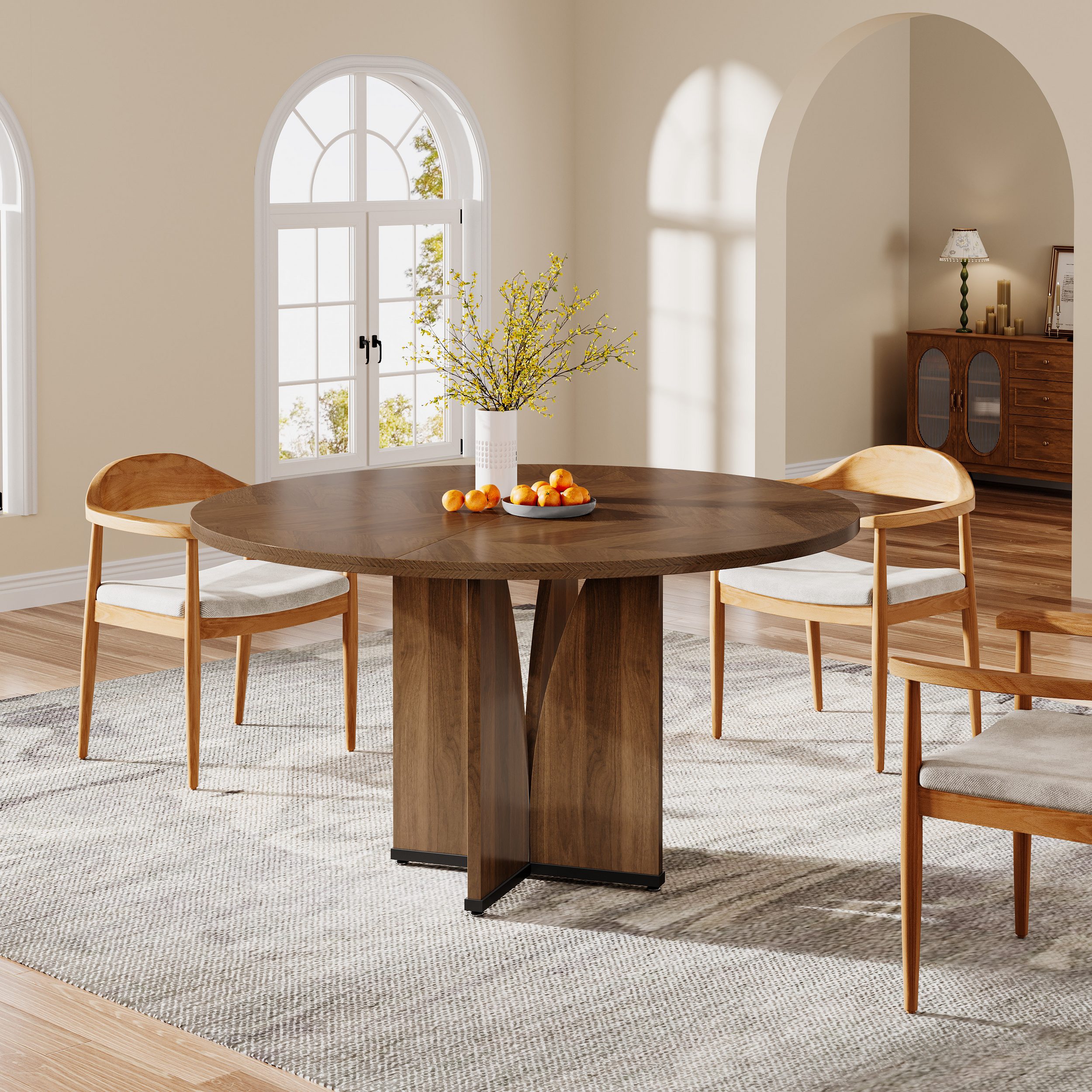 Tribesigns Tavolo da pranzo rotondo per 4 persone, 100*100*75cm, con piano e gambe in legno, marrone rustico - 4