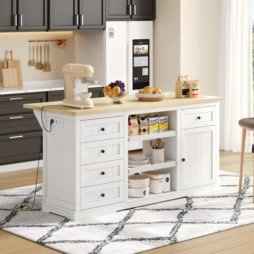 Mueble buffet 150 cm, isla cocina, 5 cajones + 2 bandejas extraíbles + extensión, enchufes integrados, blanco