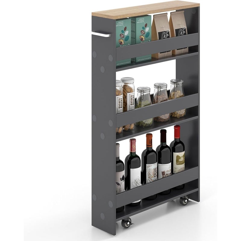 Wózek Kuchenny na Kółkach z 4 Poziomami, 47 x 13 x 80 cm, Wózek do Przechowywania z 4 Cichymi Kółkami, do Kuchni/Salonu (Szary, 13 cm Głębokość)