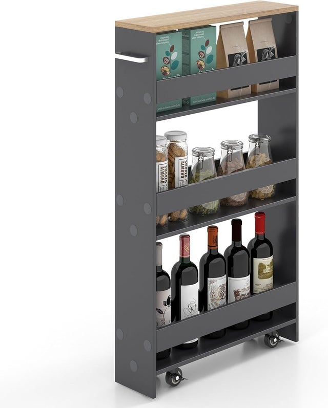 Wózek Kuchenny na Kółkach z 4 Poziomami, 47 x 13 x 80 cm, Wózek do Przechowywania z 4 Cichymi Kółkami, do Kuchni/Salonu (Szary, 13 cm Głębokość)