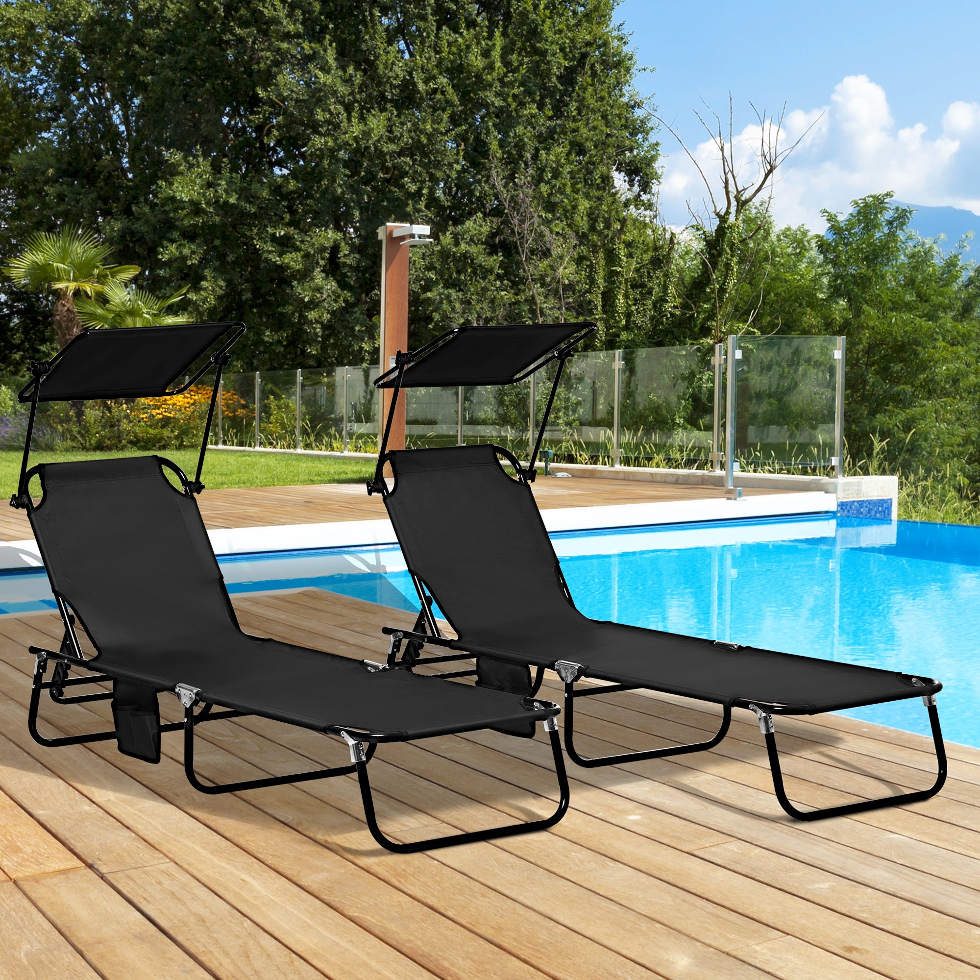 Ensemble de 2 chaises longues pliantes, chaises longues de jardin avec pare-soleil, dossier réglable en hauteur sur 5 positions, noires - 4
