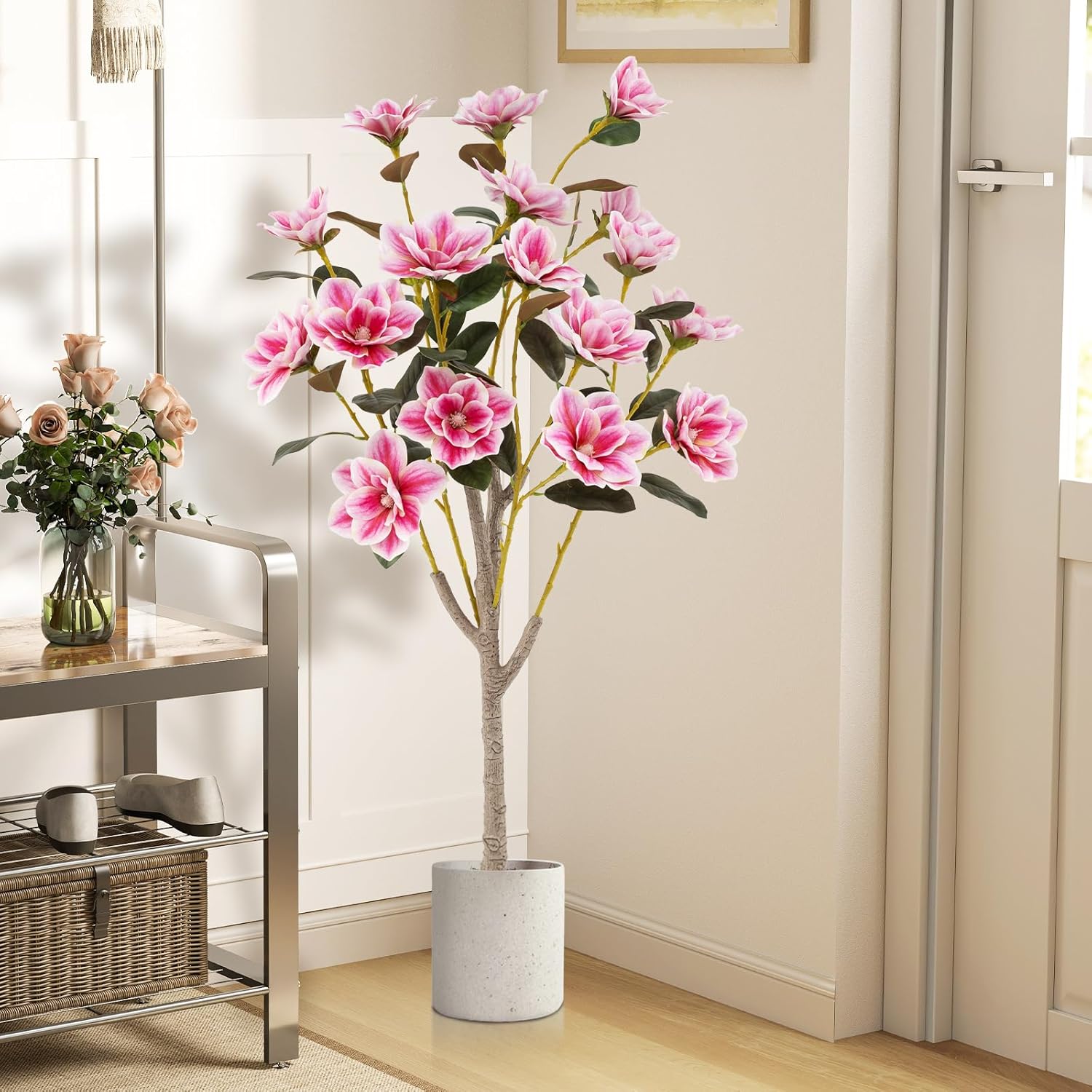 Albero Di Magnolia Artificiale 1,8 M - Pianta Finta Realistica Per Interni, Foglie Verdi E Fiori Bianchi