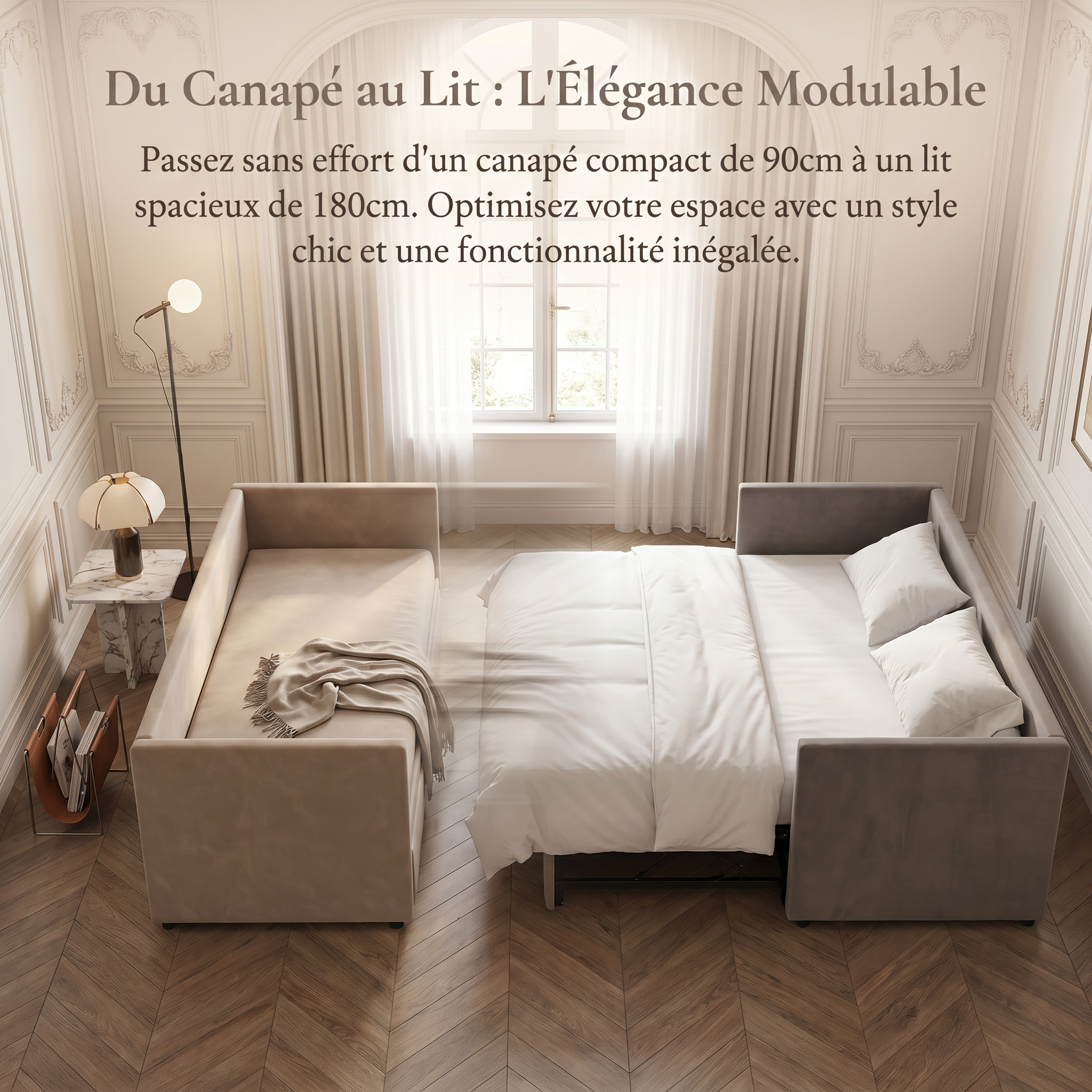 Canapé-lit extensible 90/180 x 200cm 2 Places, canapé convertible rembourré avec sommier à Lattes, velours, beige, sans matelas - 9