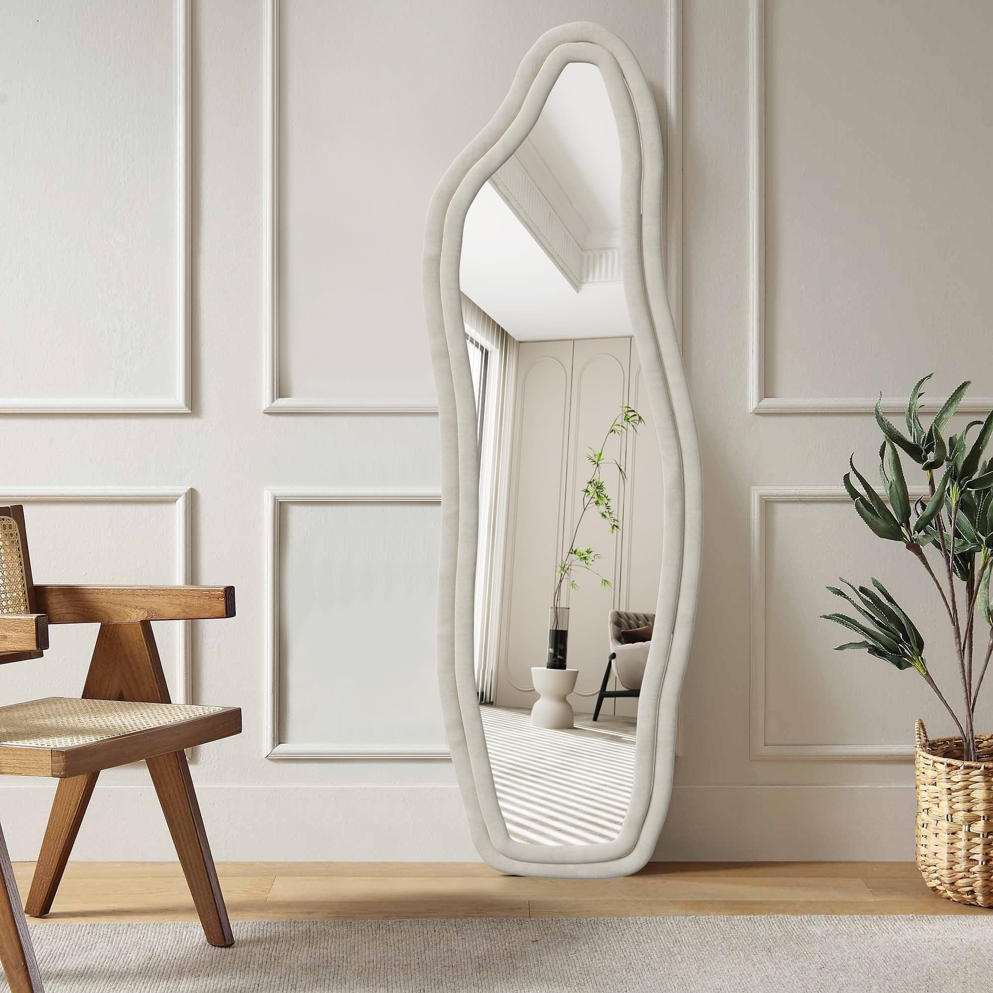 Miroir sur pied de forme ondulée irrégulière 145*50, peut être posé à gauche ou fixé au mur, convient aux chambres et aux salons, blanc. - 2