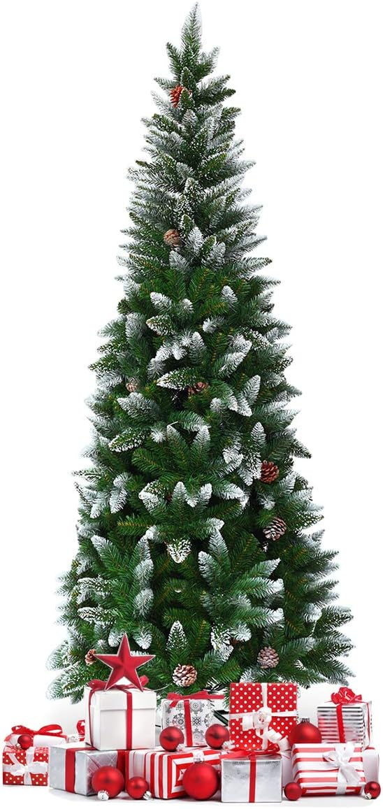 Świąteczna Choinka Pokryta Śniegiem, 180 cm, z Szyszkami, 630 Gałęziami z PVC, Metalową Podstawą, Choinka do Dekoracji Świątecznych