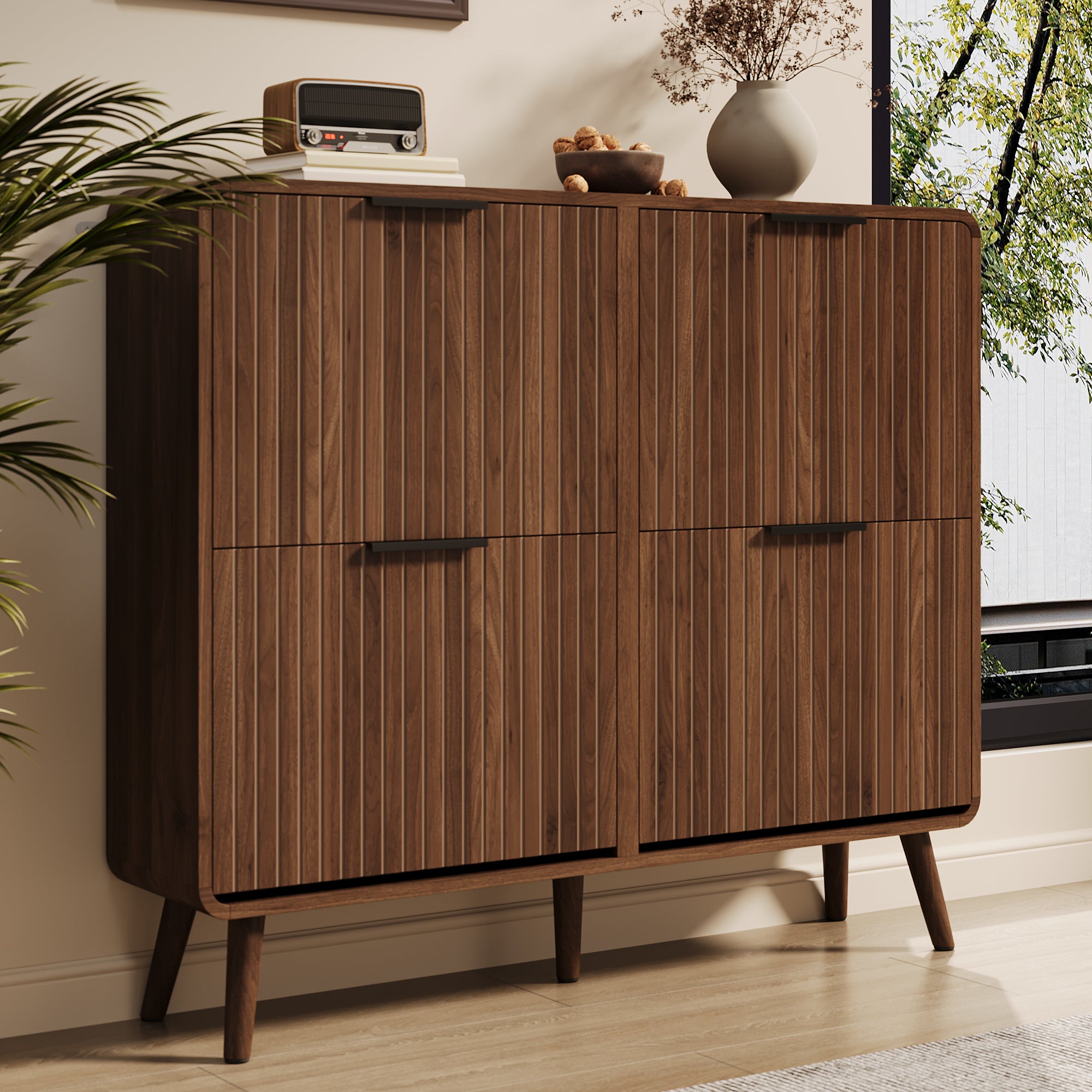 Meuble à chaussures avec 4 portes rabattables - 105 x 24 x 90 cm - Contenir 18 à 24 paires - MDF - Noyer - 3