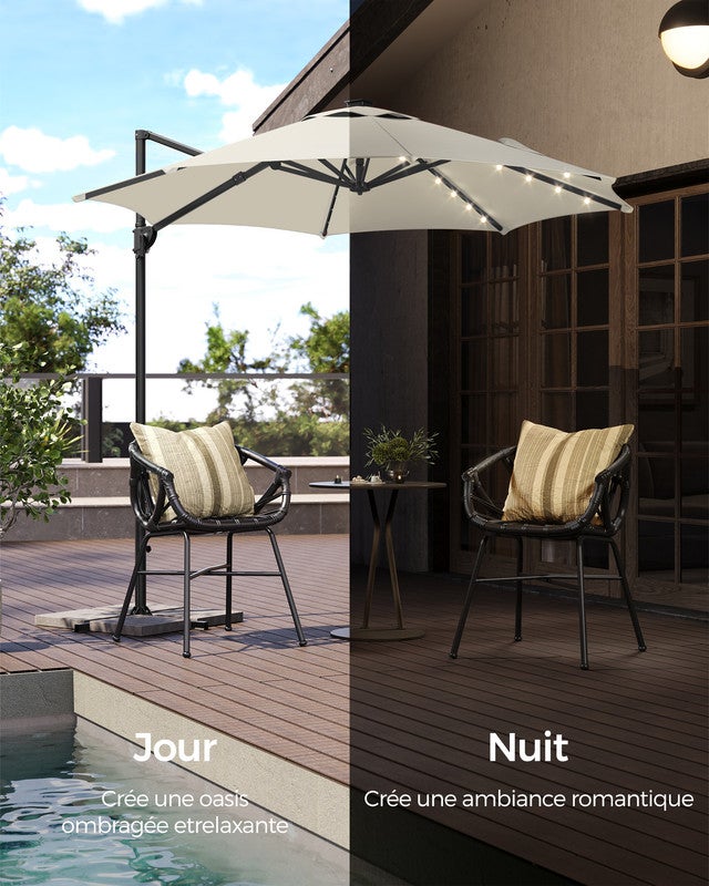 Parasol de Jardin 300 cm, 28 LED Solaires, UPF 50+, Pivotant à 360°, Inclinaison Fluide, Manivelle, avec Base en Croix, Blabc Crème - 3