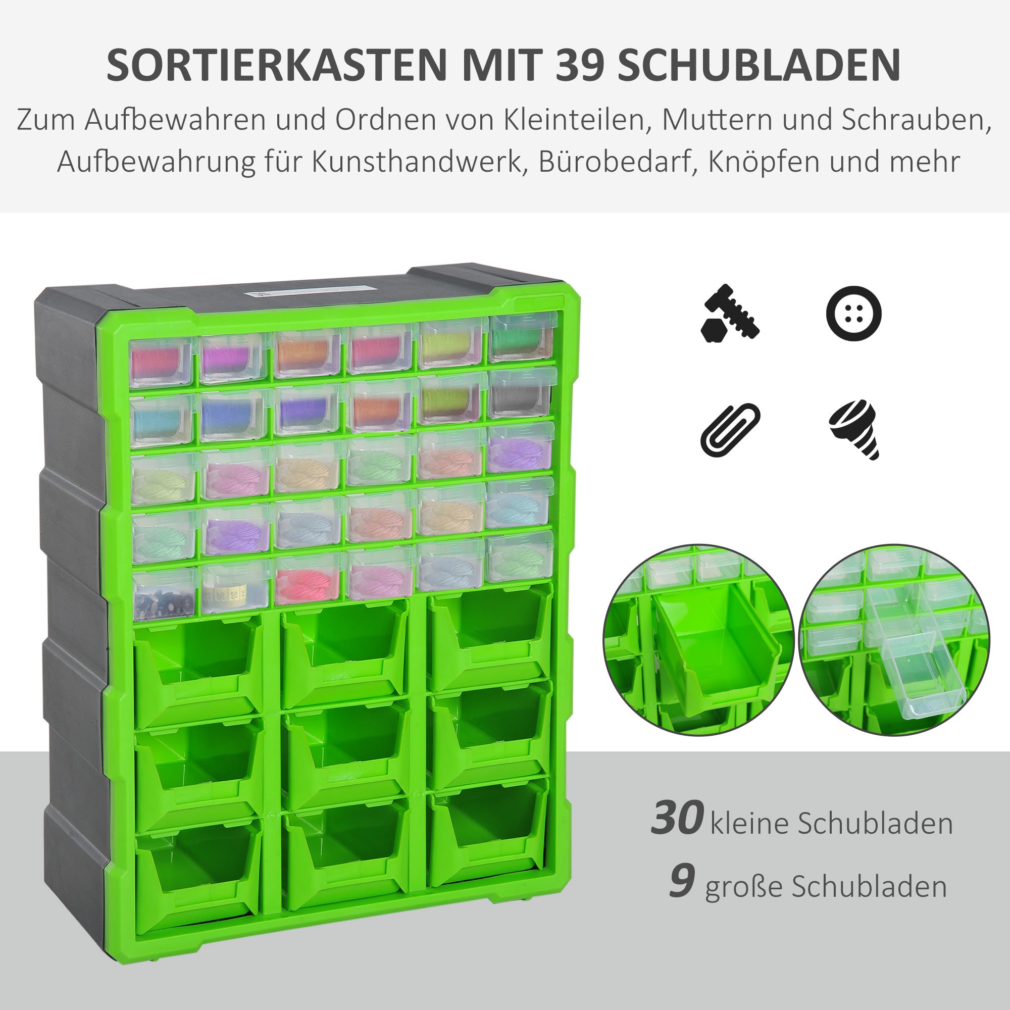 Scatola di smistamento, scatola per minuteria, scatola per monete, scatola portaoggetti, 39 scomparti, verde, L38 x P16 x A47,5 cm - 7